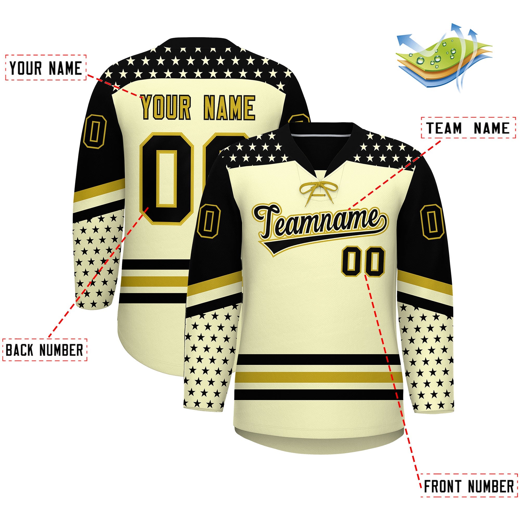 Custom Cream Black Old Gold Star Series Personalization Lace-Up Neck Hockey Jersey