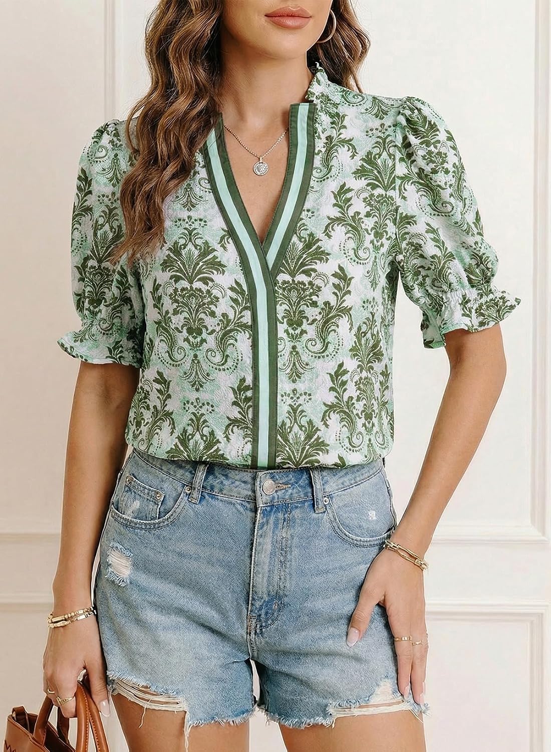 Women's Boho Floral Print Puff Sleeve Blouse Green Women's Boho Floral Print Puff Sleeve Blouse Green