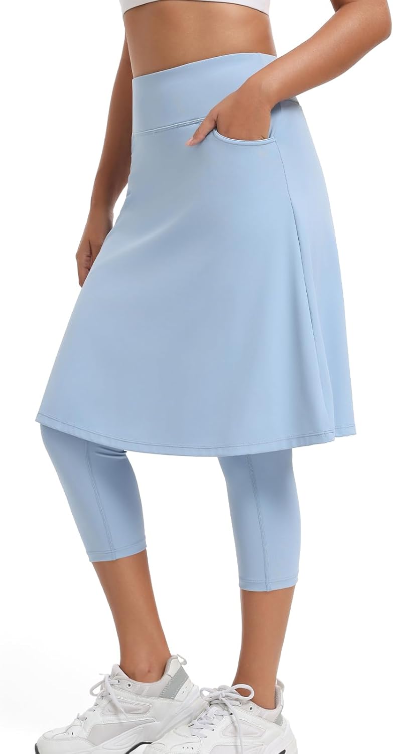 Women Athletic Knee Length Skirts with Leggings Yoga Skorts Leggings Arc-Shaped Pockets&Women Skirted Capris Skorts