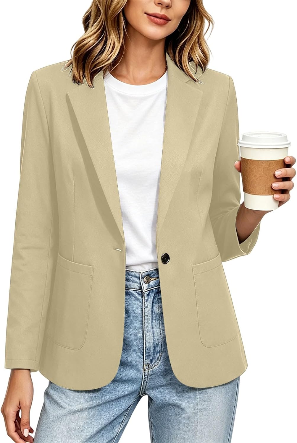 Women's Long Sleeve Blazers Lightweight Fit Jackets with Padded Shoulder for Business