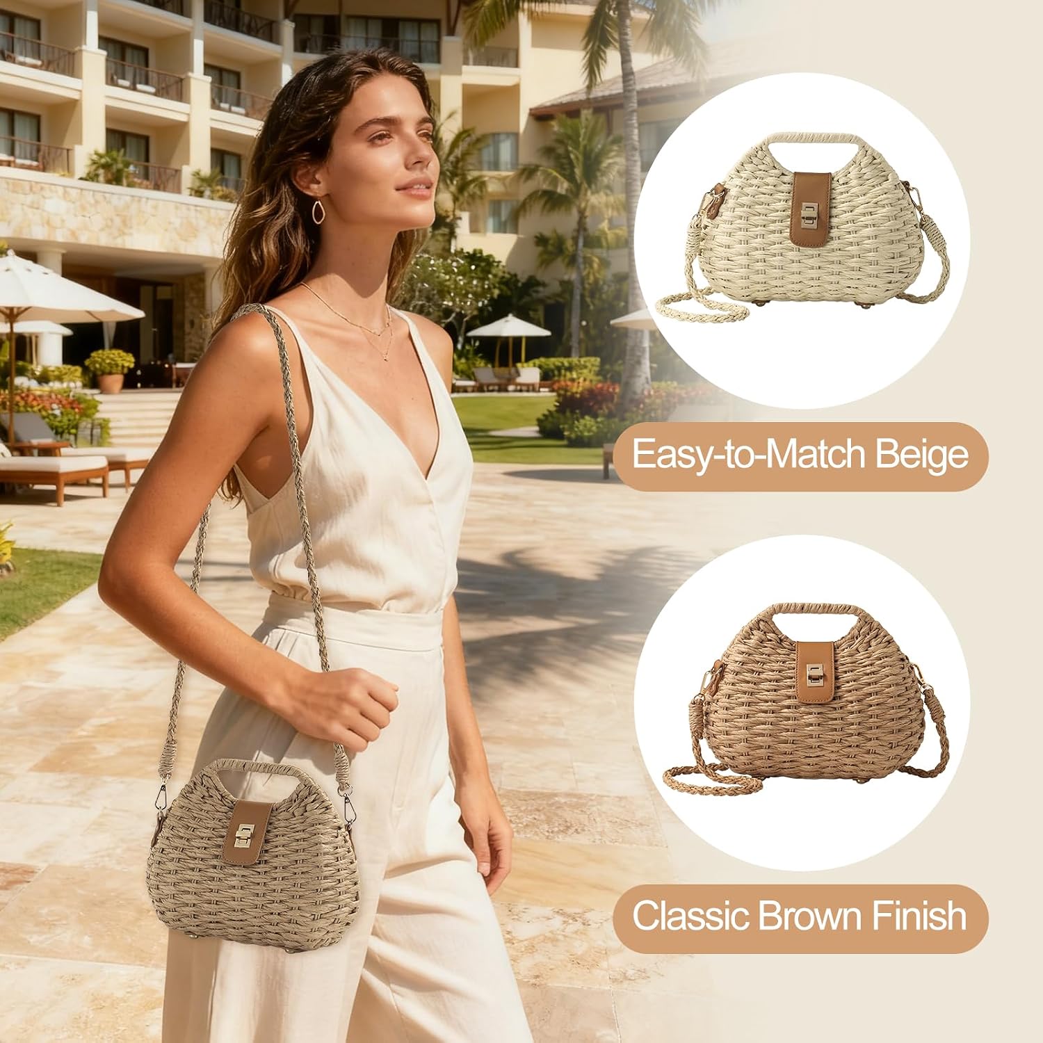 Women's Straw Woven Crossbody Bag with Turn Lock Closure