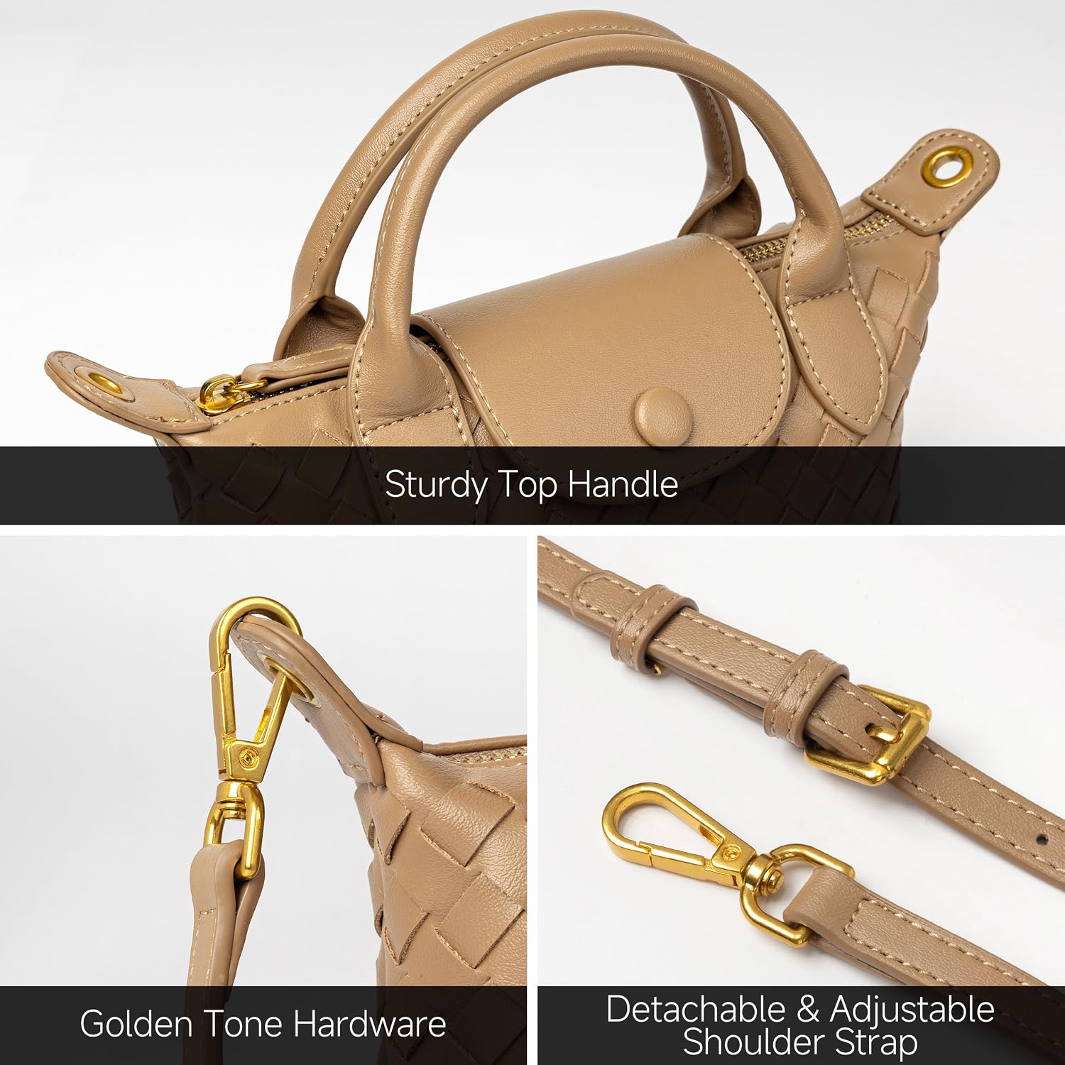 Women's Woven Vegan Leather Crossbody Bag Top Handle Tan