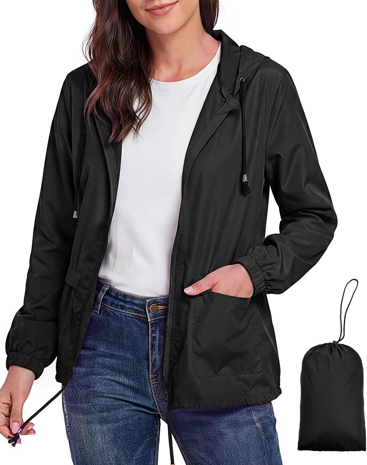 Women's Hooded Rain Jacket Waterproof Bomber Style Black