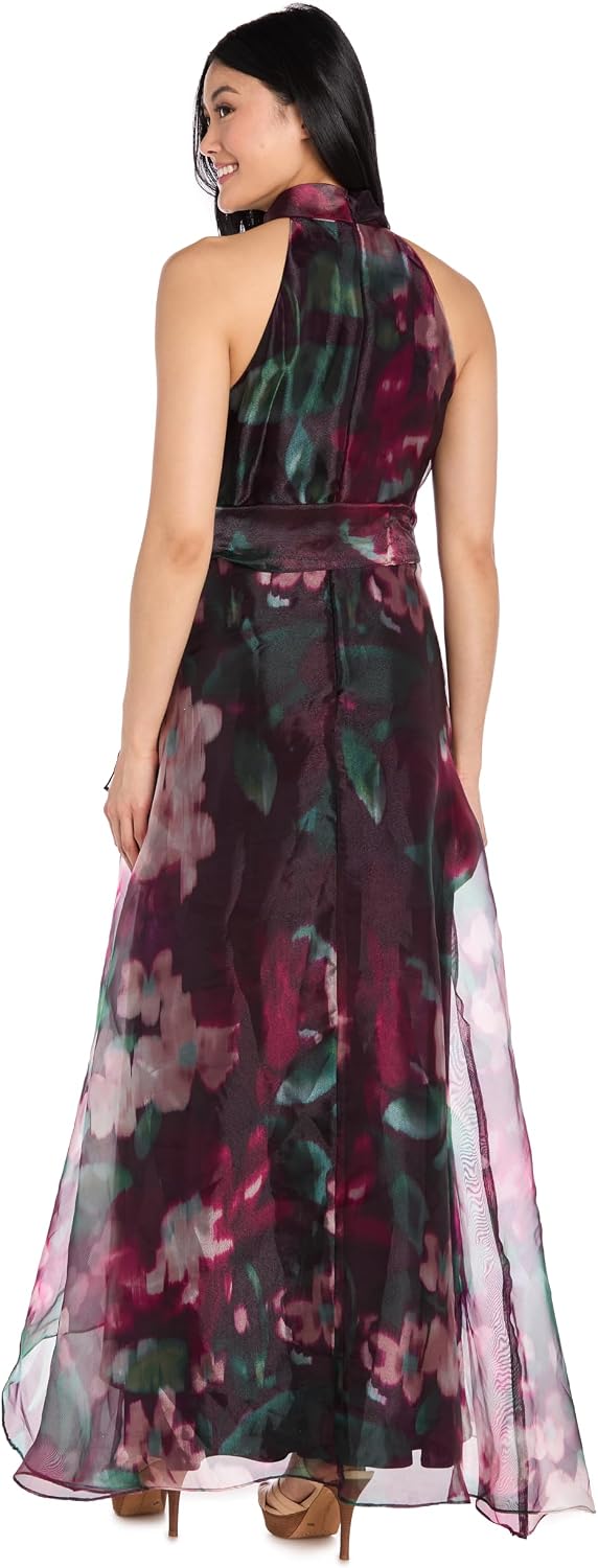 Women's Floral High Neck Gown W\ Hi-Lo Skirt Waist Sash - Spring Wedding Guest Cocktail Party Sleeveless Dress