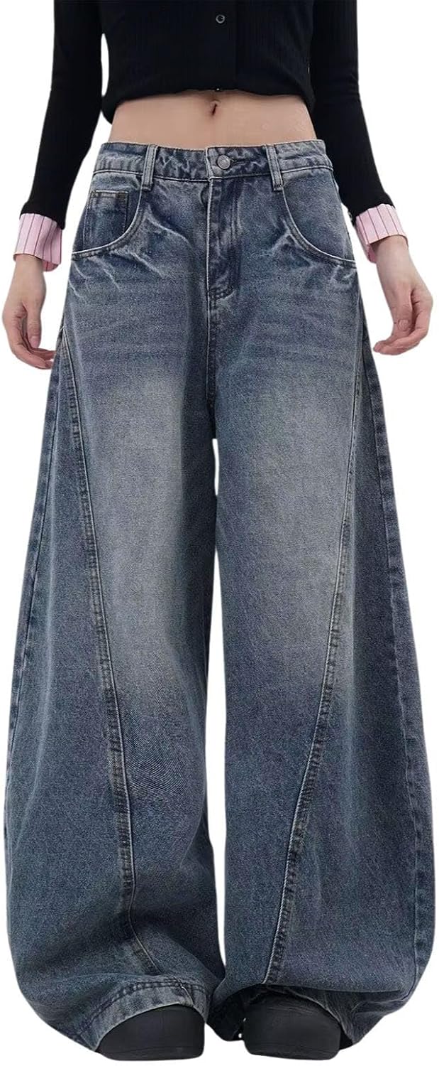 Women's Low Rise Baggy Barrel Jeans Mid Wash