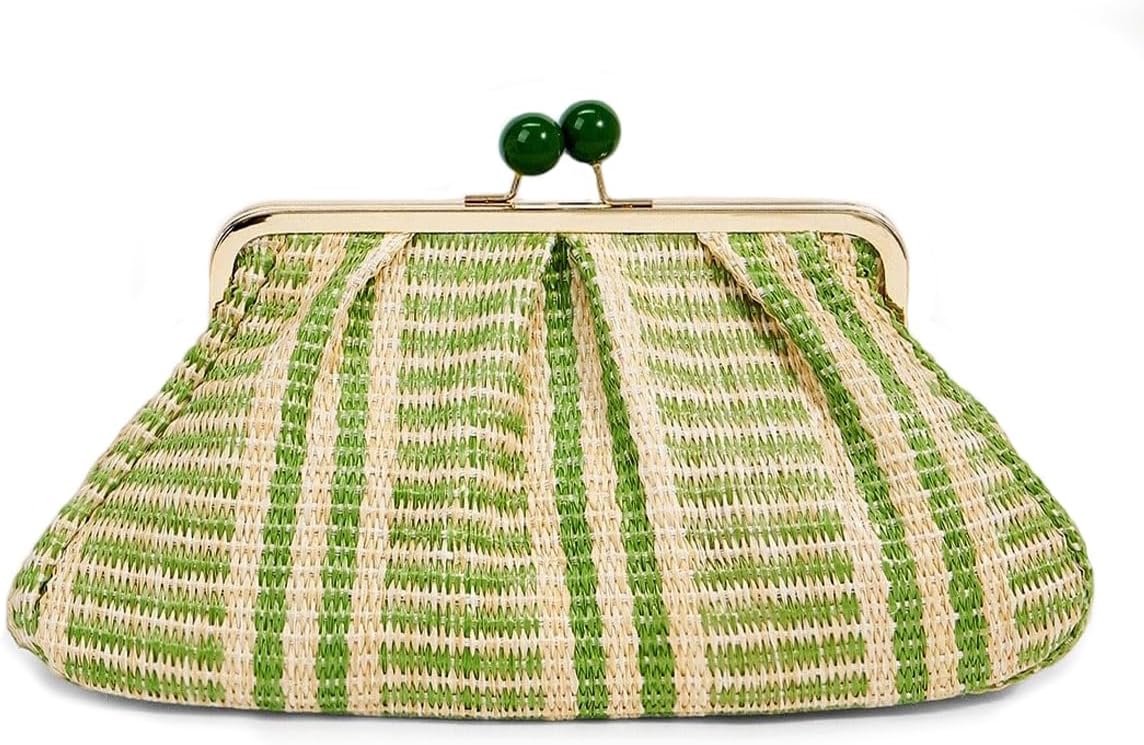 Women's Straw Clutch Purse Striped Kiss-Lock Dumpling Bag