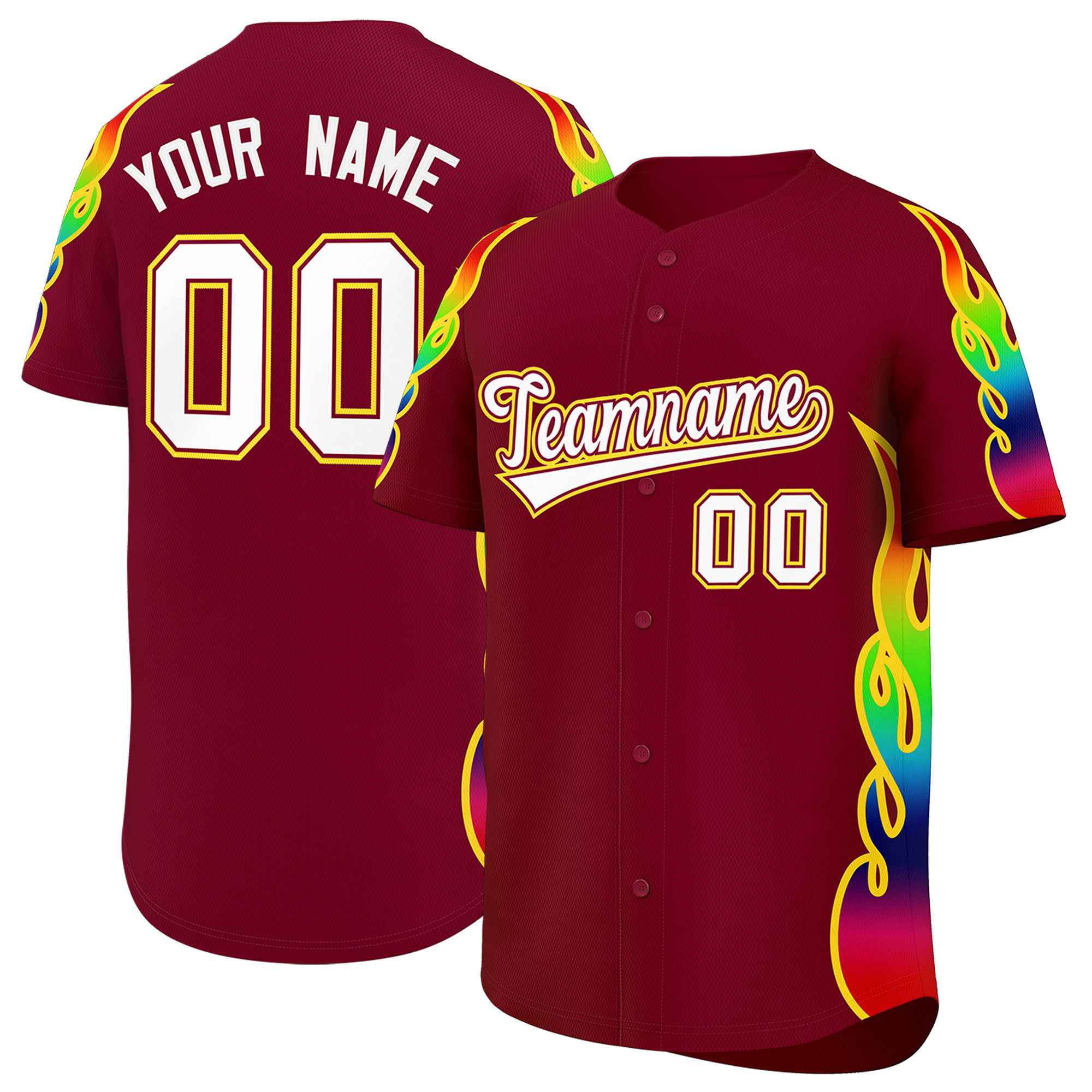 Benutzerdefiniertes Graffiti-Muster, personalisierter mehrfarbiger Flammendruck, authentisches Baseball-Trikot