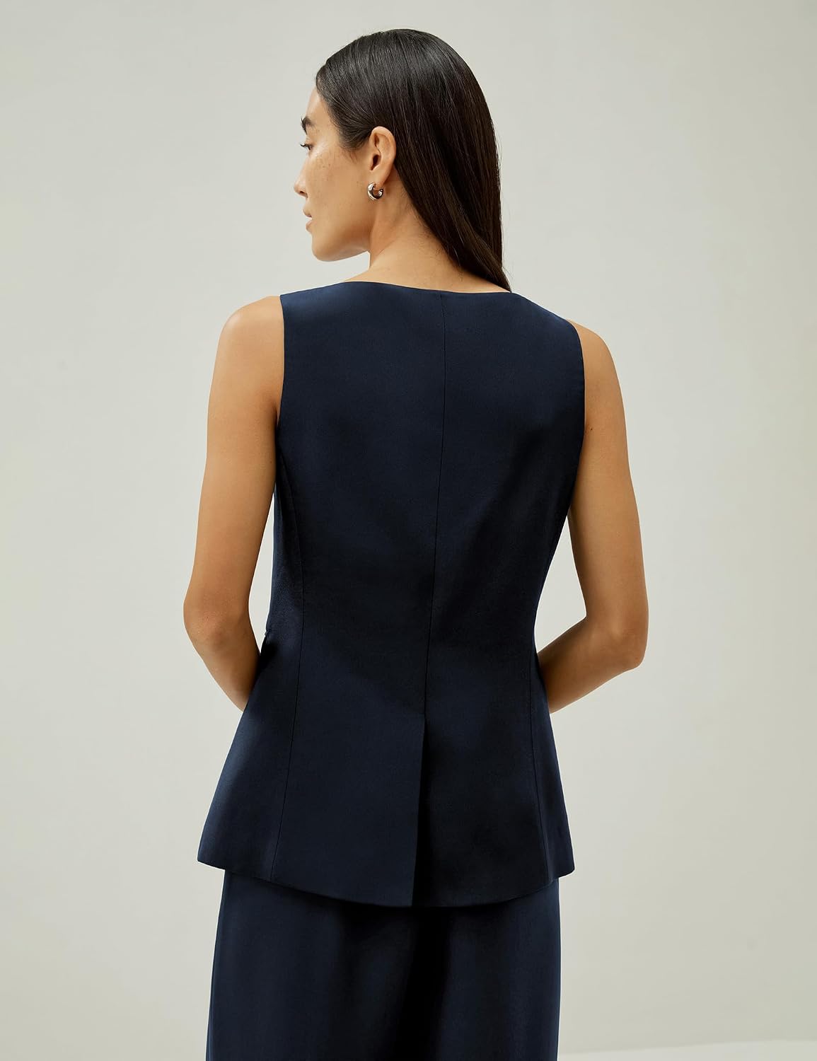 Women's Silk Button Front Blazer Vest Navy Sleeveless Waistcoat