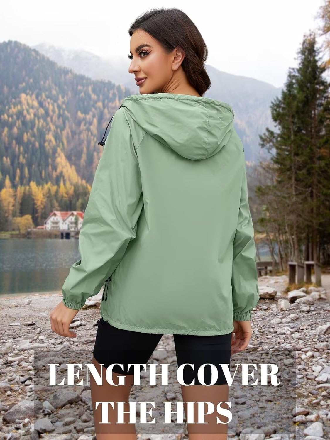Women's Lightweight Packable Rain Jacket Hooded Sage Green