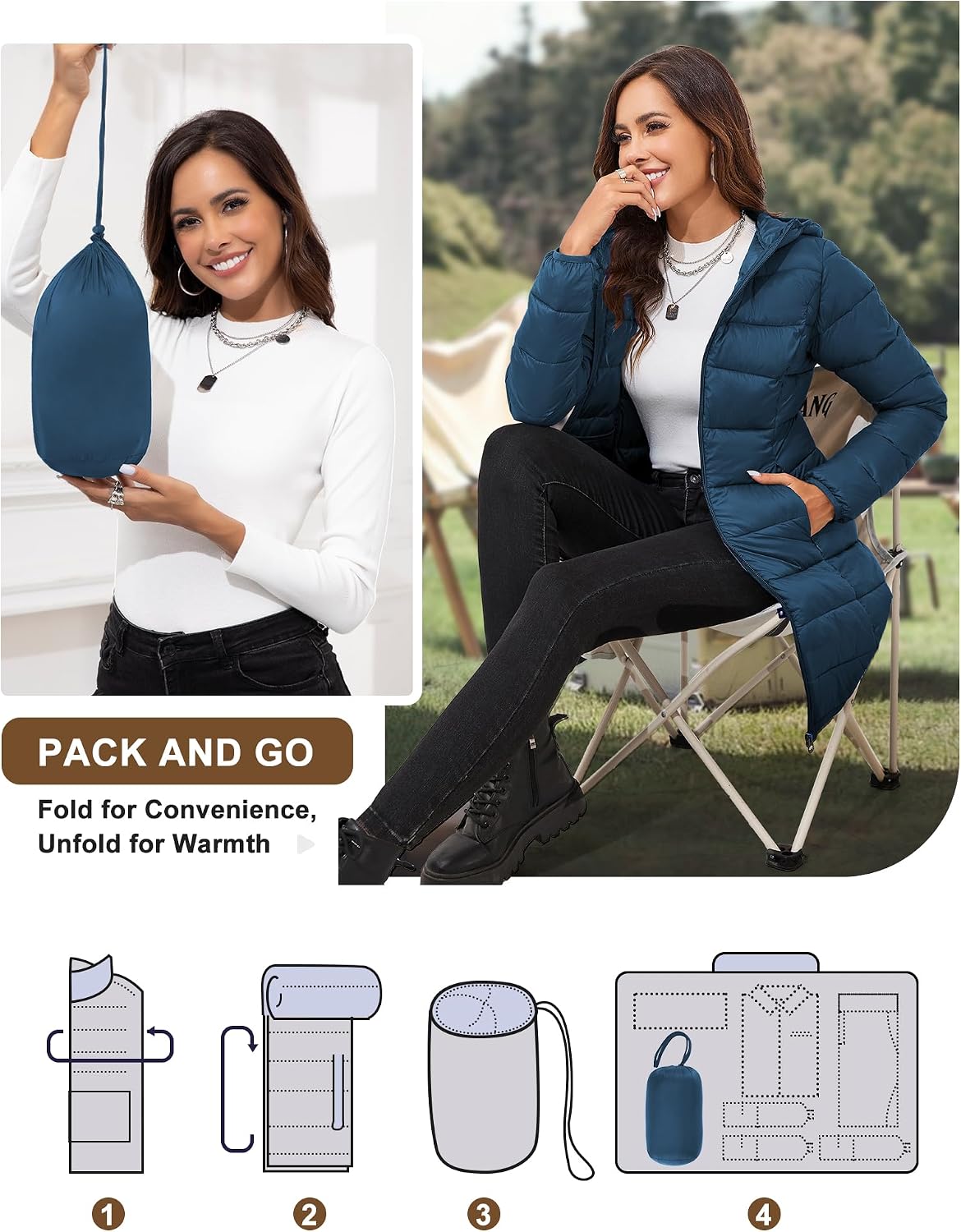 Women's Packable Long Hooded Puffer Jacket Teal Blue