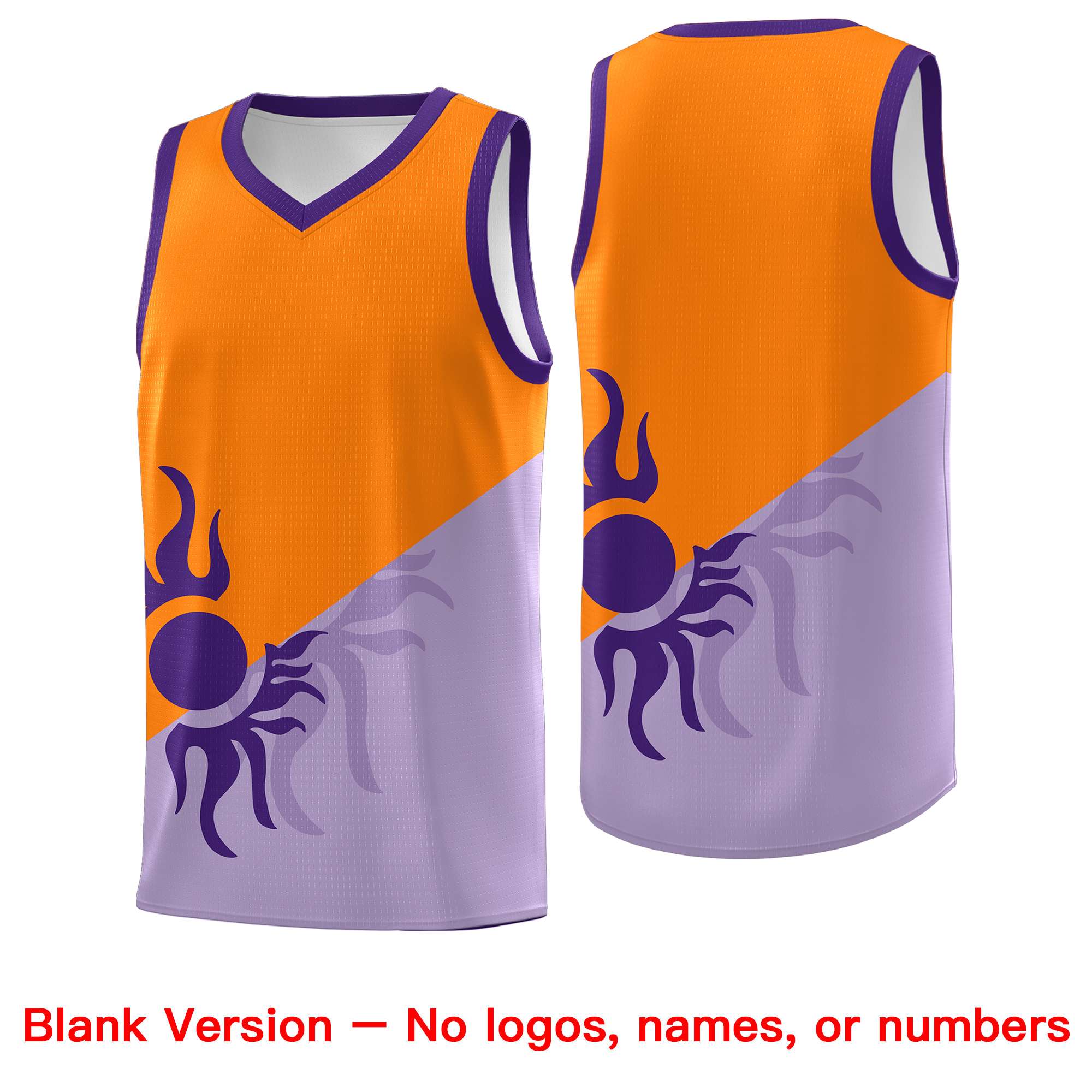 Maßgeschneidertes zweifarbiges drapierbares Uniform-Basketballtrikot mit leuchtendem Sonnendesign in Helllila-Orange