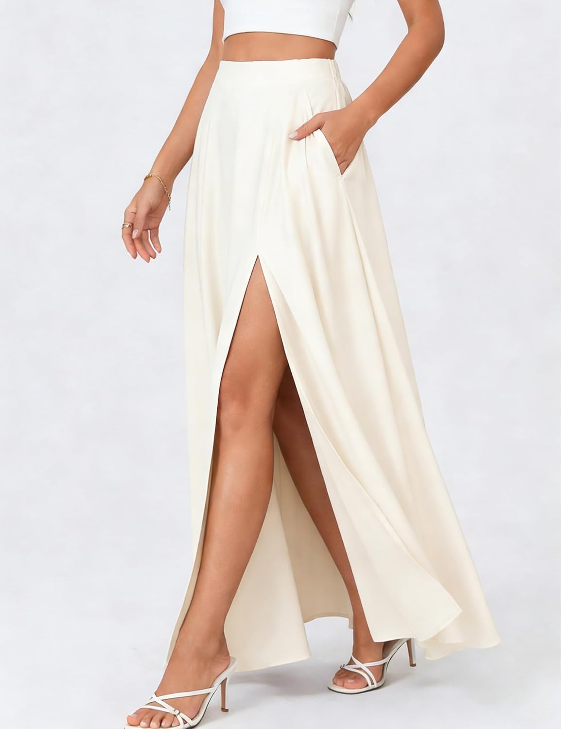 Women's Satin Maxi Skirt Side Slit Pockets Ivory Women's Satin Maxi Skirt Side Slit Pockets Ivory