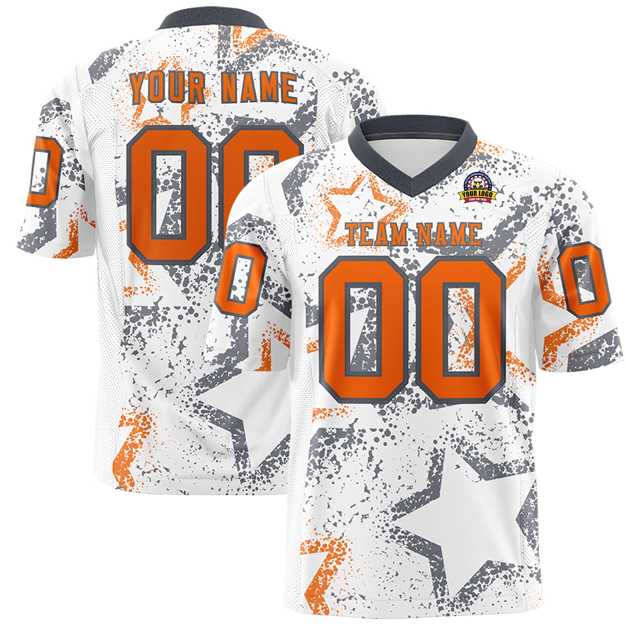 Benutzerdefiniertes, personalisiertes Star-Graffiti-Muster in Weiß, Dunkelgrau und Orange, authentisches Fußballtrikot
