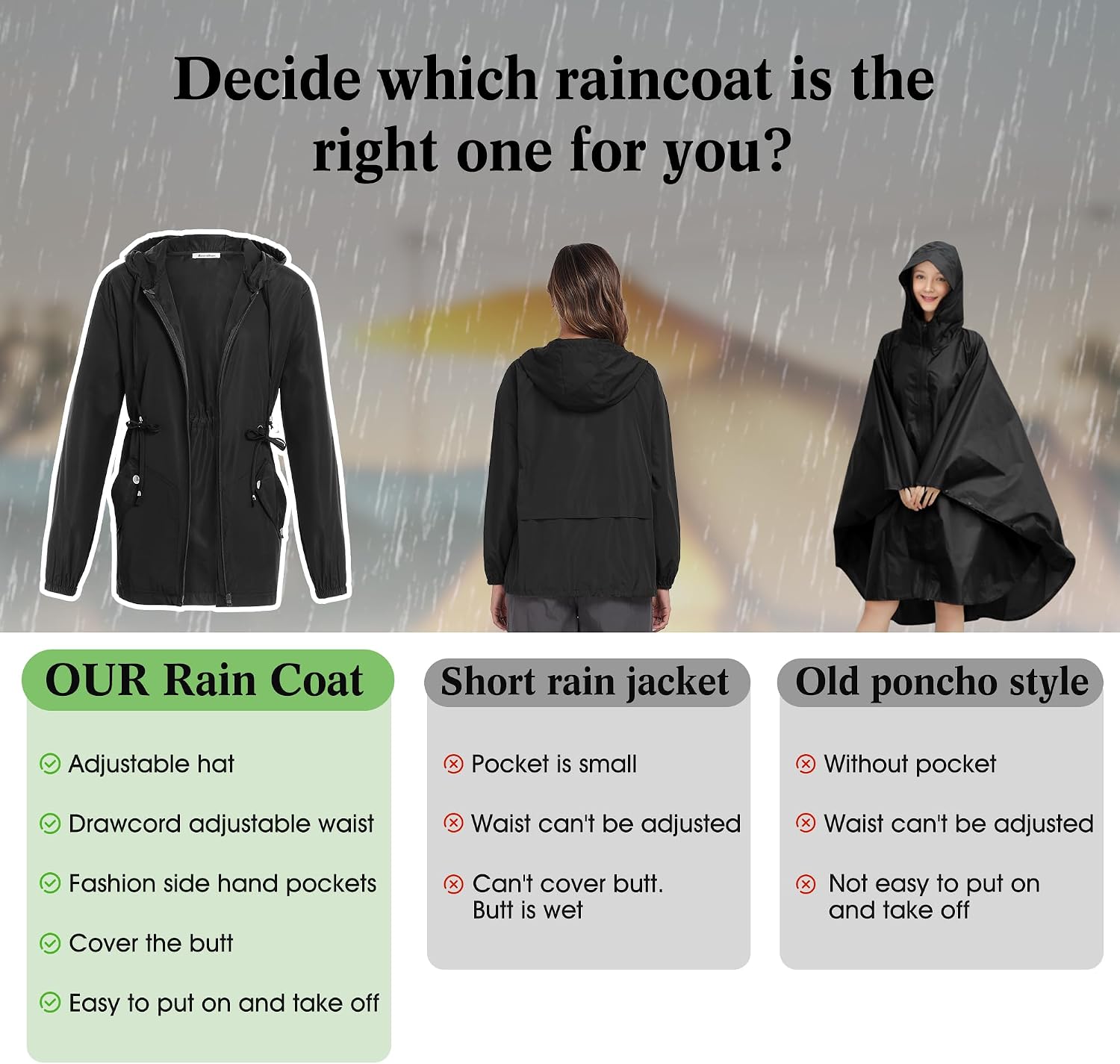 Women's Long Hooded Rain Jacket Waterproof Army Green