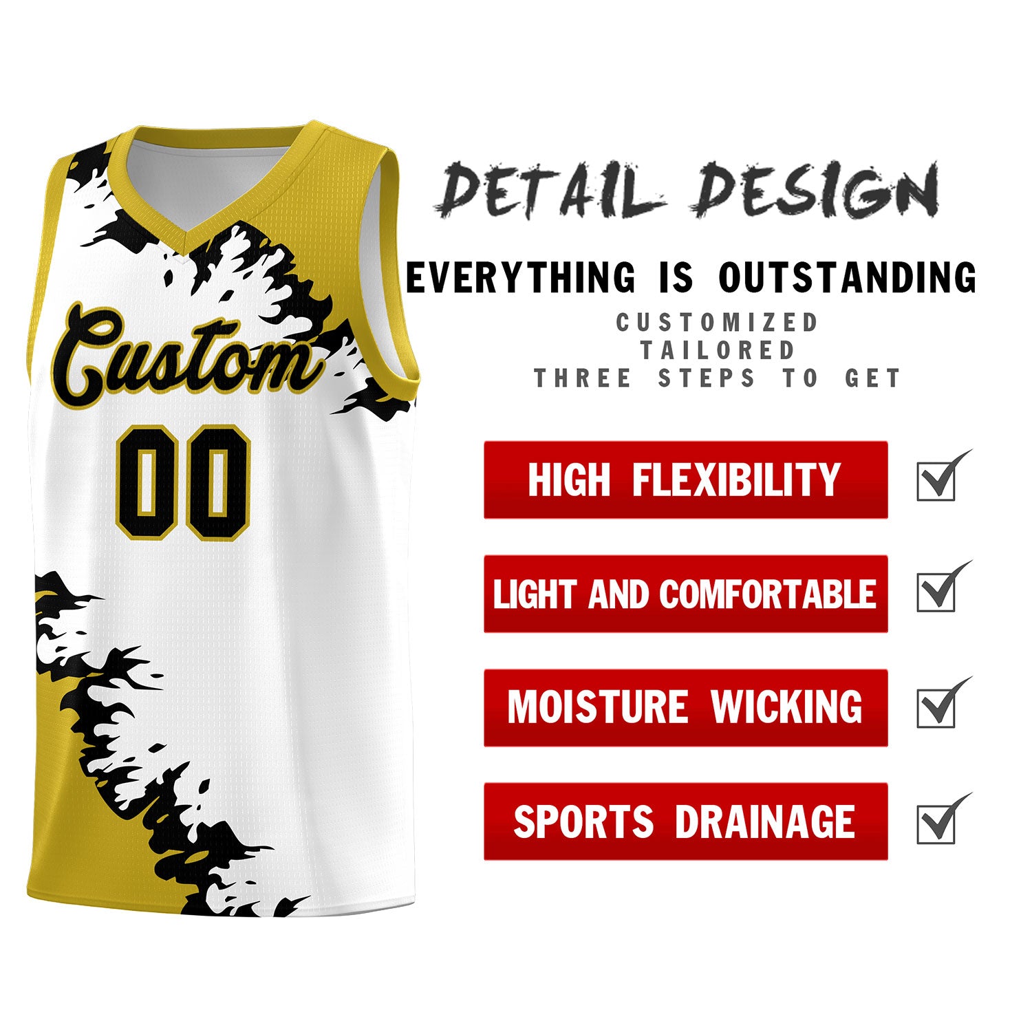 Benutzerdefinierte Basketball-Kits mit weißem Altgold-Schwarz-Scheindruckmuster