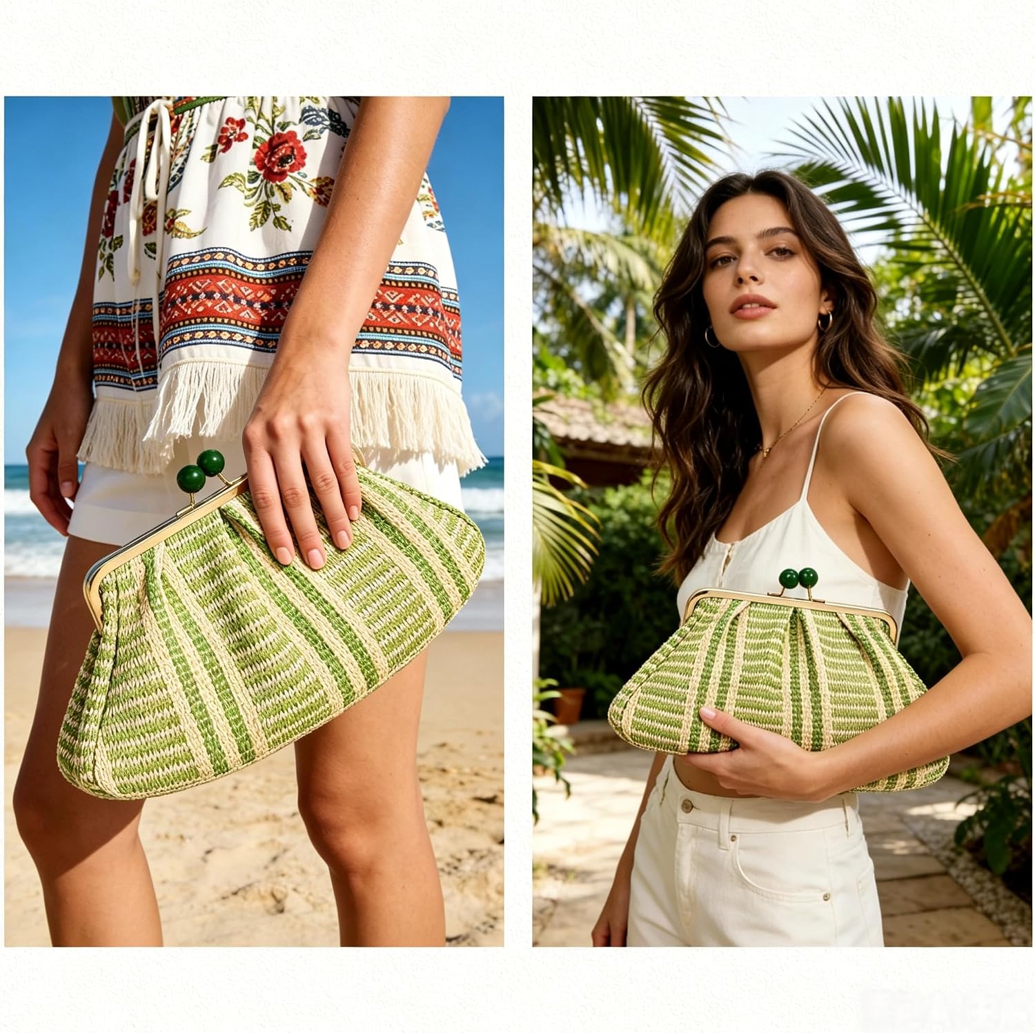 Women's Straw Clutch Purse Striped Kiss-Lock Dumpling Bag Women's Straw Clutch Purse Striped Kiss-Lock Dumpling Bag