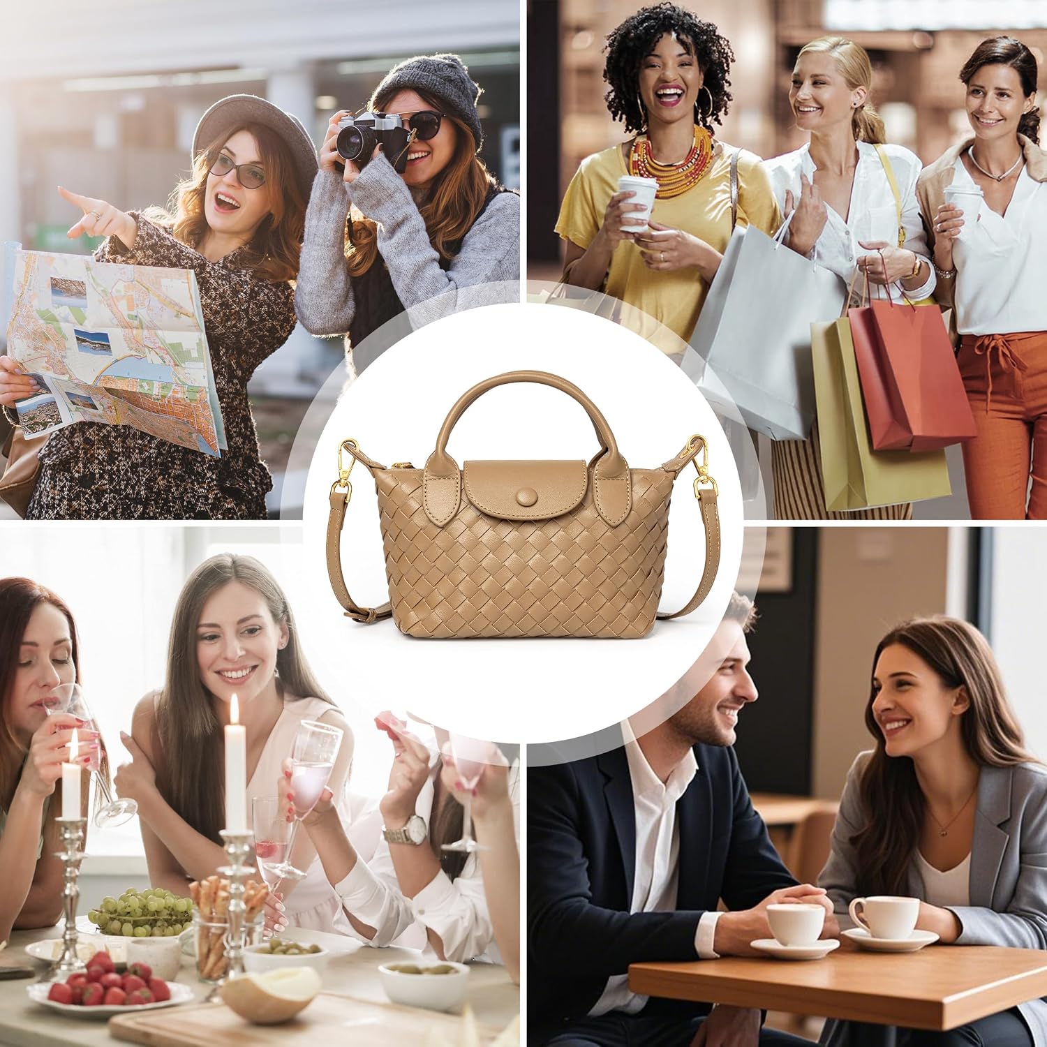 Women's Woven Vegan Leather Crossbody Bag Top Handle Tan