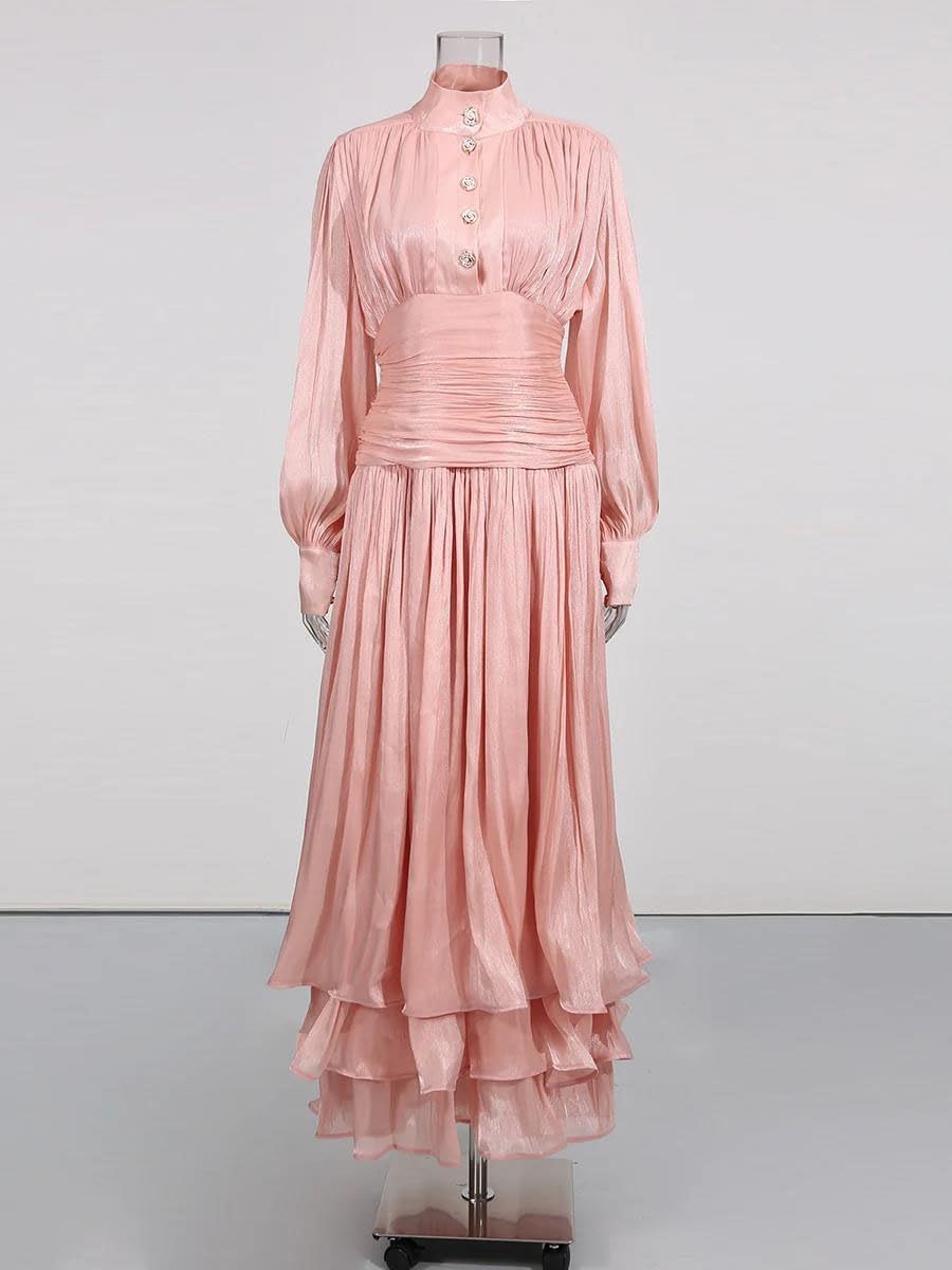 Women's High Neck Maxi Dress Puff Sleeve Ruched Champagne Women's High Neck Maxi Dress Puff Sleeve Ruched Champagne