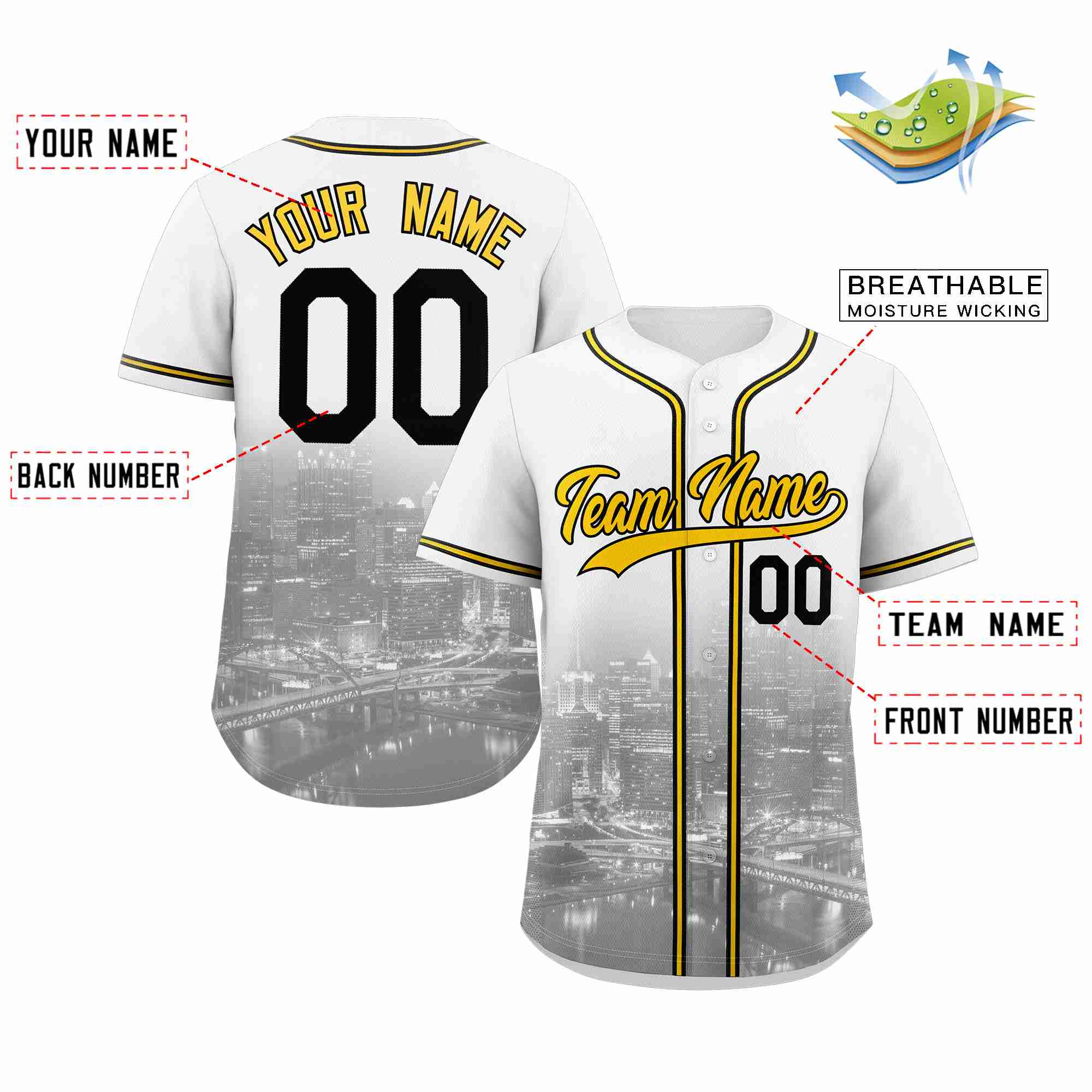 Benutzerdefiniertes Pittsburgh City Skyline Baseball-Trikot Benutzerdefiniertes Pittsburgh City Skyline Baseball-Trikot