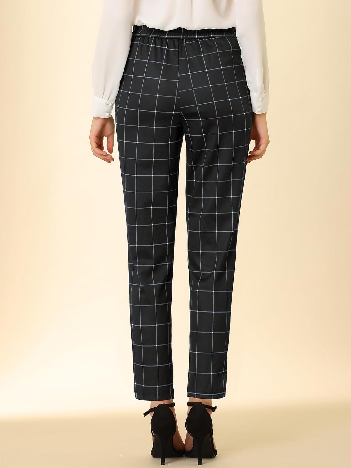 Women's Vintage Tartan Plaid Pants Elastic Waist Straight Long Trousers