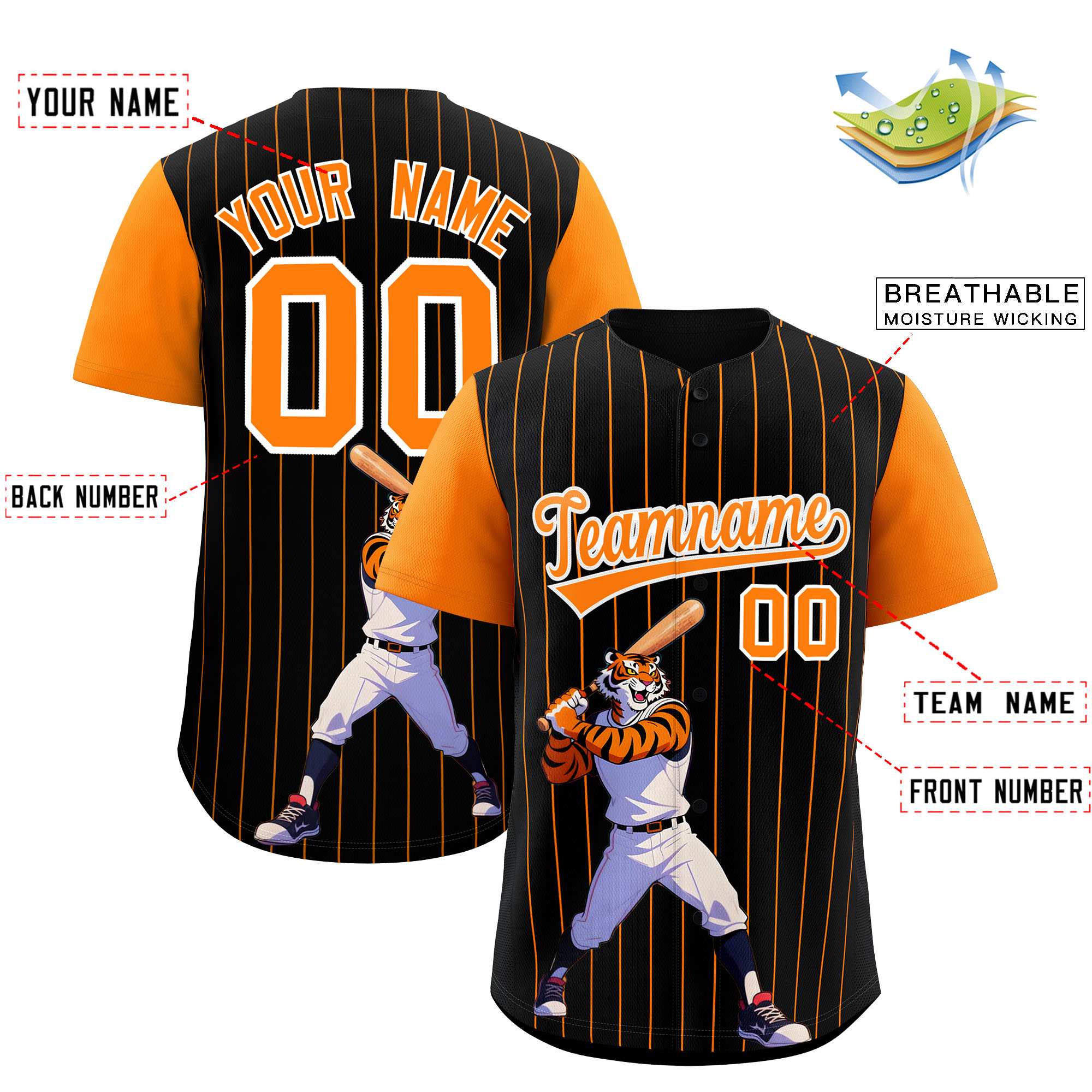 Authentisches Baseball-Trikot mit individuellem Streifen-Tiere-Graffiti-Muster, Raglanärmeln Authentisches Baseball-Trikot mit individuellem Streifen-Tiere-Graffiti-Muster, Raglanärmeln