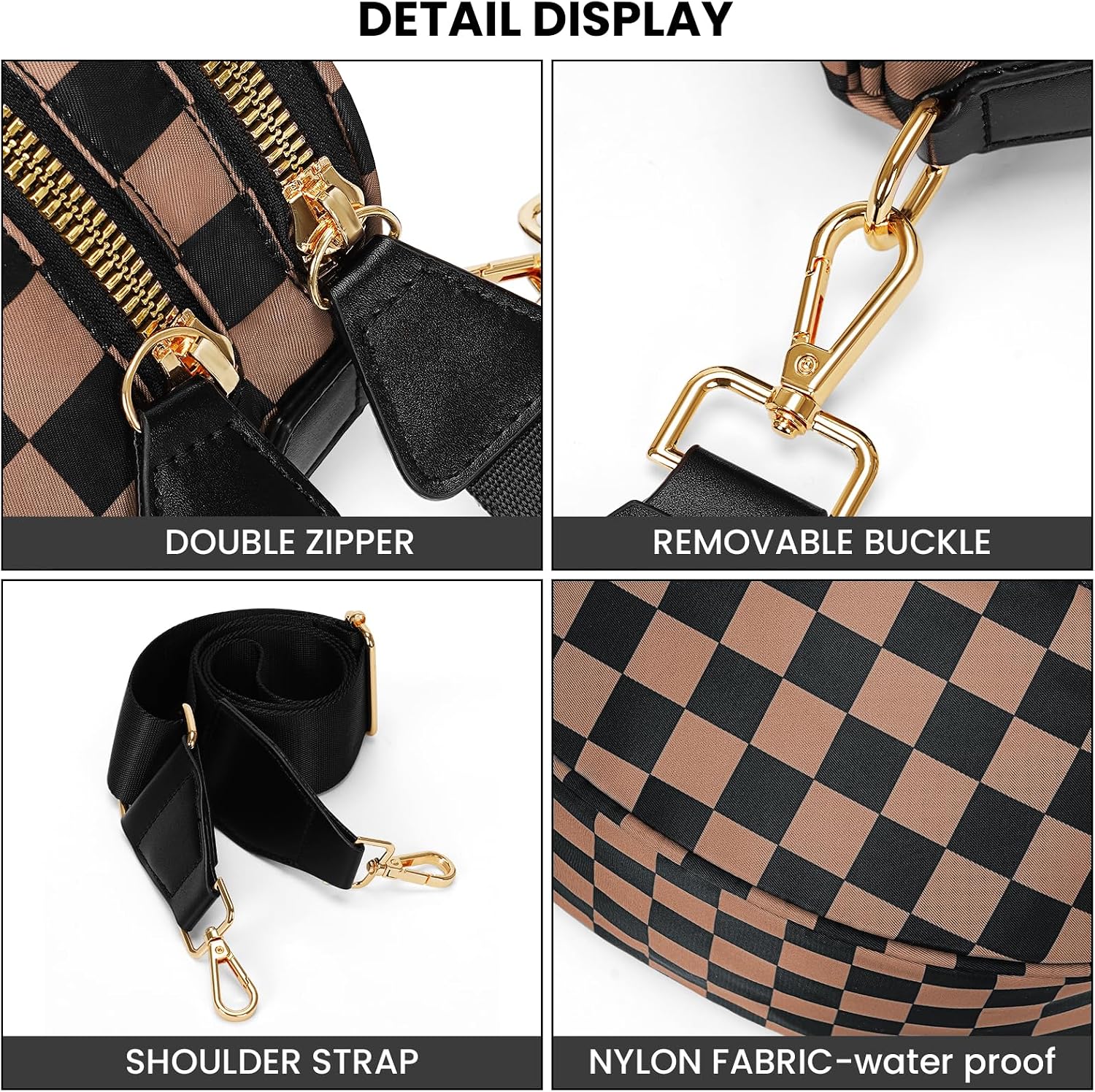 Women's Checkered Nylon Crossbody Bum Bag with Wide Strap