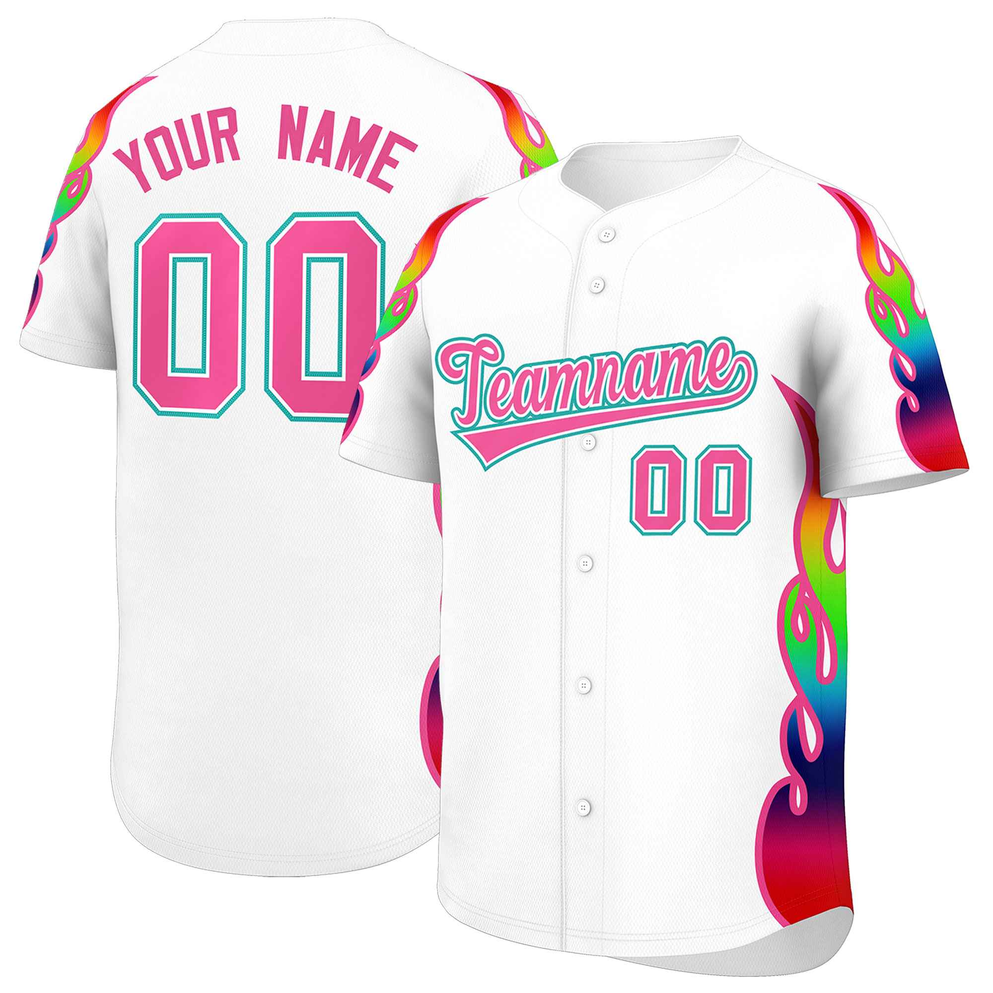 Benutzerdefiniertes Graffiti-Muster, personalisierter mehrfarbiger Flammendruck, authentisches Baseball-Trikot