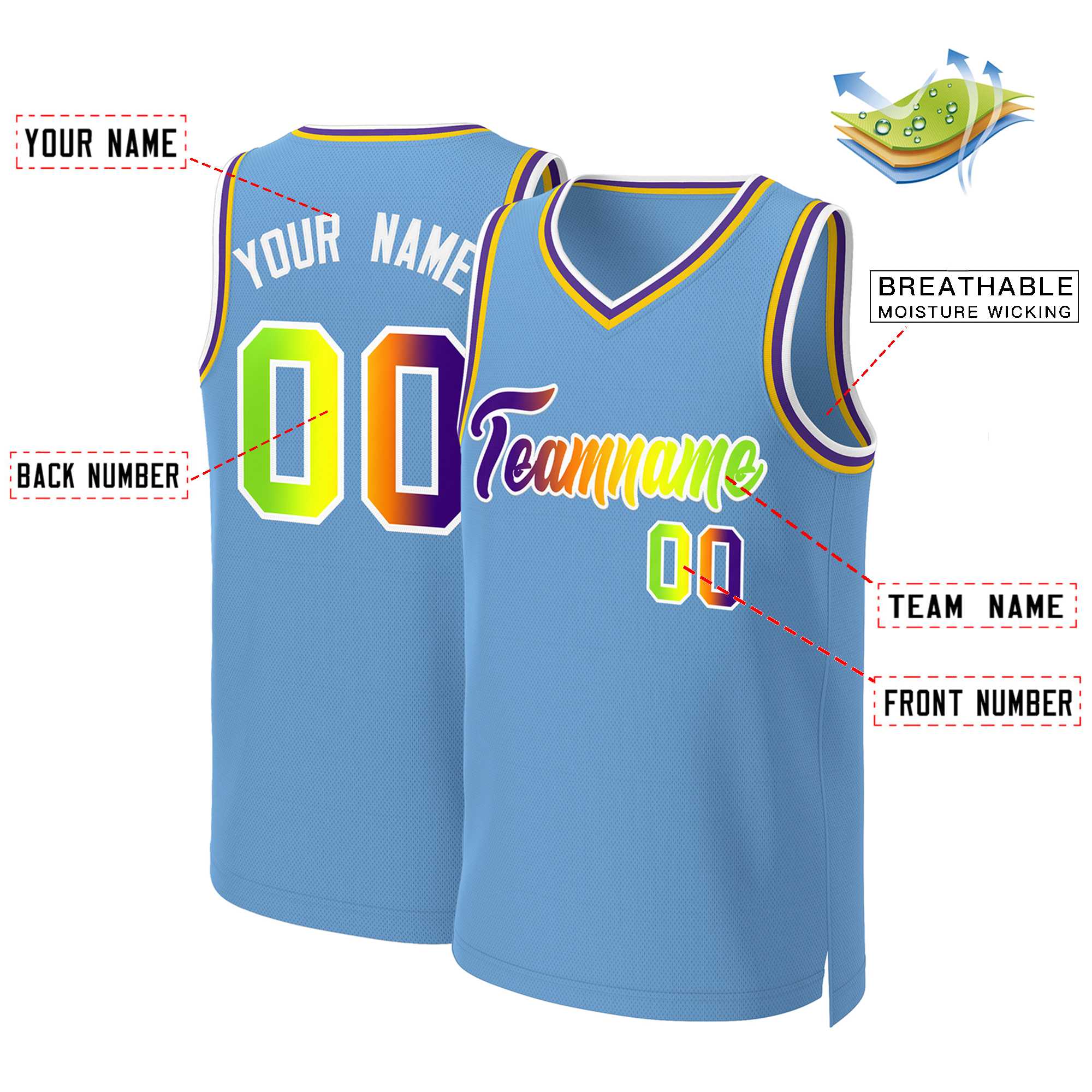 Benutzerdefiniertes Basketballtrikot mit klassischem Farbverlauf und modischen Oberteilen