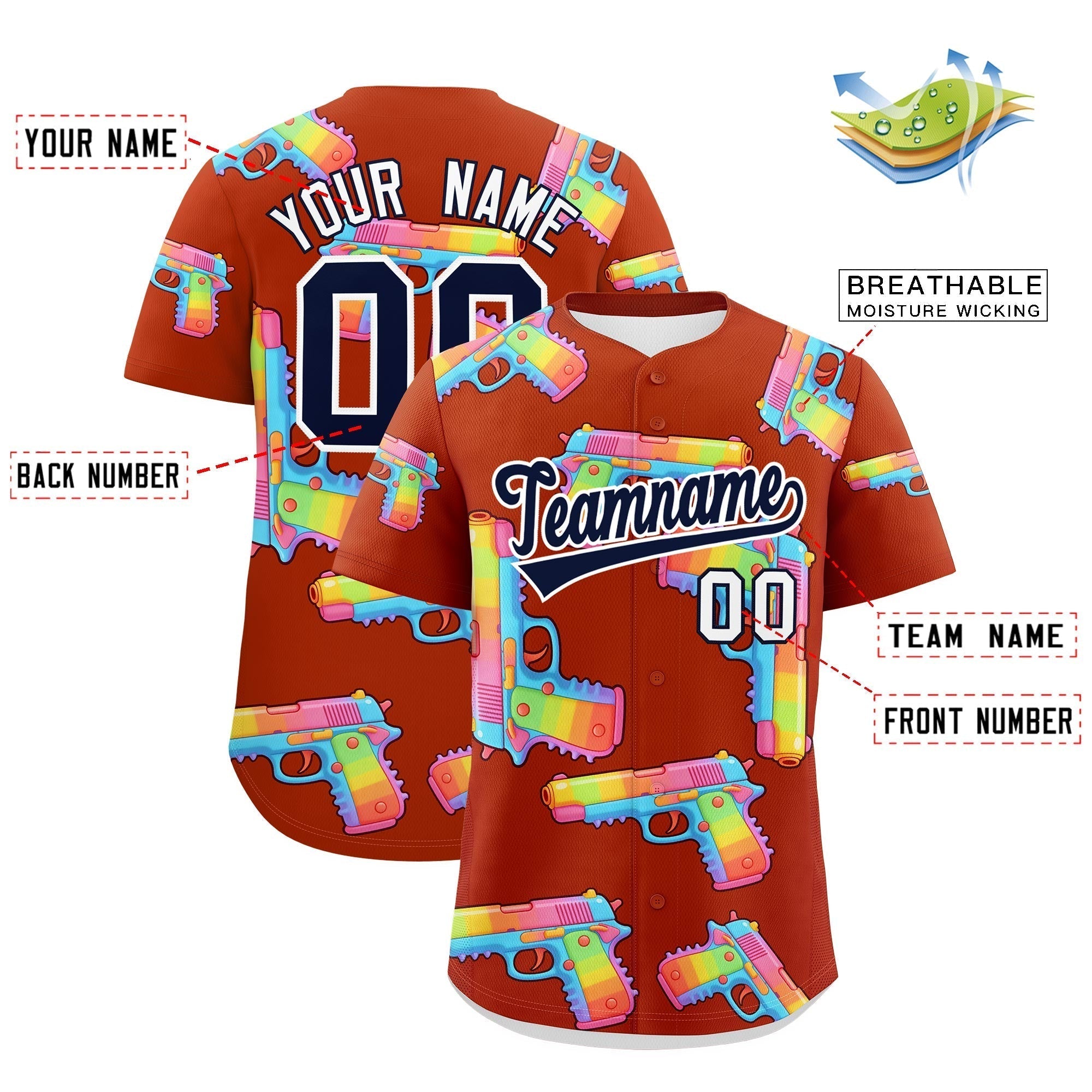 Maßgeschneidertes, leichtgewichtiges Baseball-Trikot mit zuckerbeschichtetem Firepower-Graffiti-Muster in Dunkelorange und Marineblau