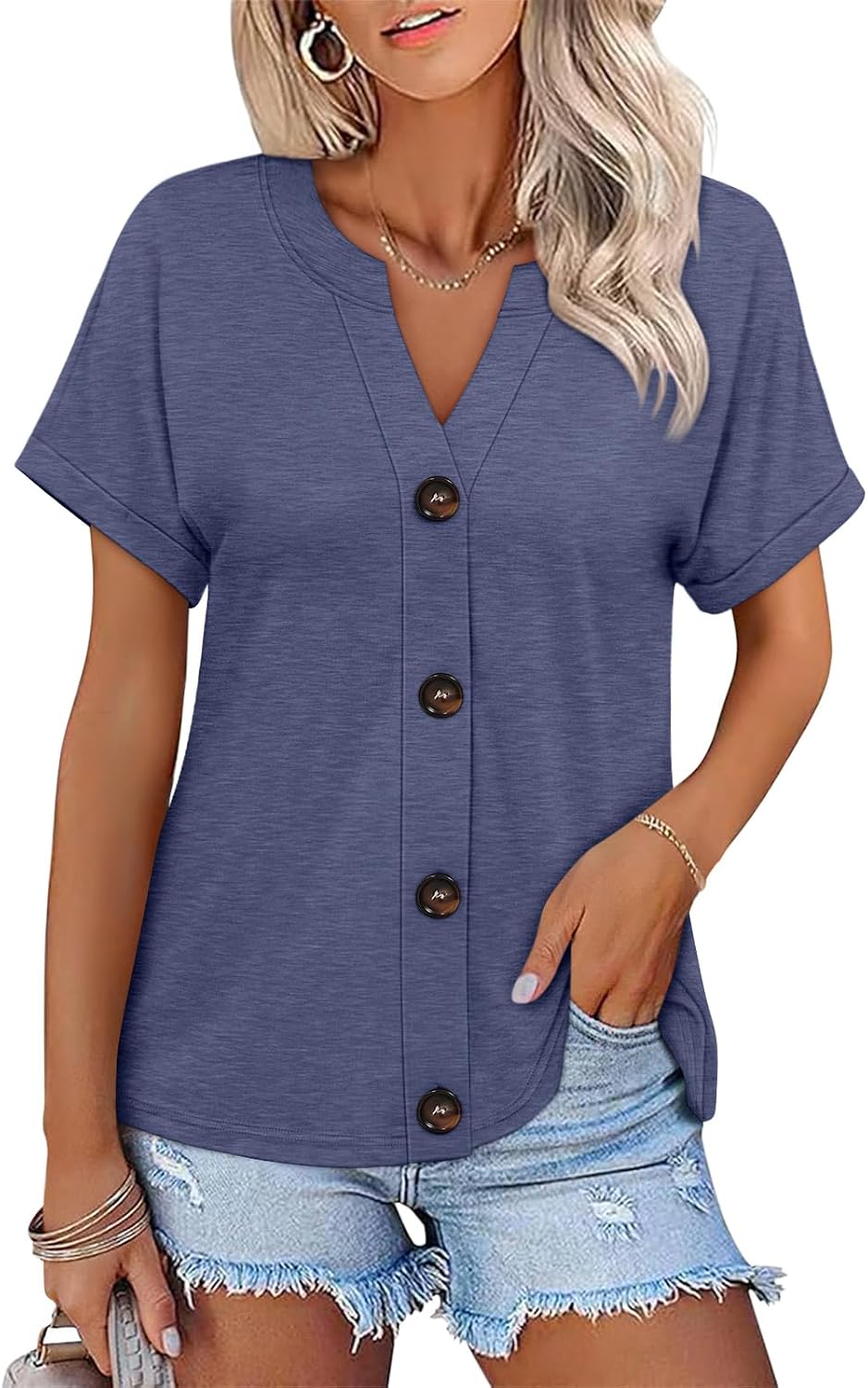 Womens Button Down Shirts Short Sleeve Summer V Neck T Loose Fit Cotton Blend No See-through Easy Care Tees Fall Clothing