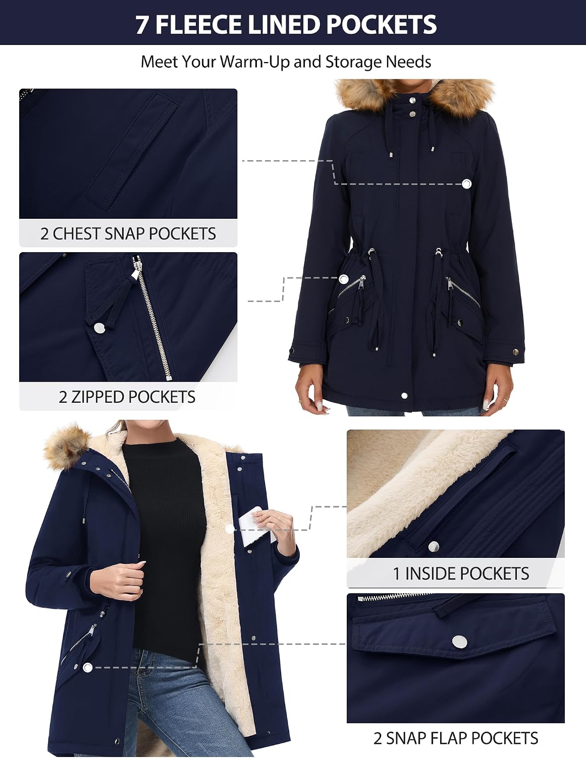 Women's Sherpa Lined Parka Coat Faux Fur Hood Navy