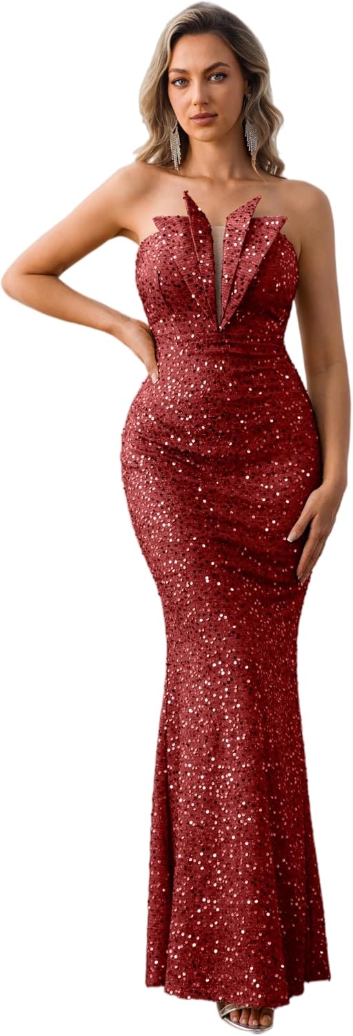Elegant Evening Gown Formal Wedding Guest Prom Party Gala Dress Floor Length Strapless Sequins Built-in Bra Sleeveless Black-tie Banquet Night Corset Ball Edition