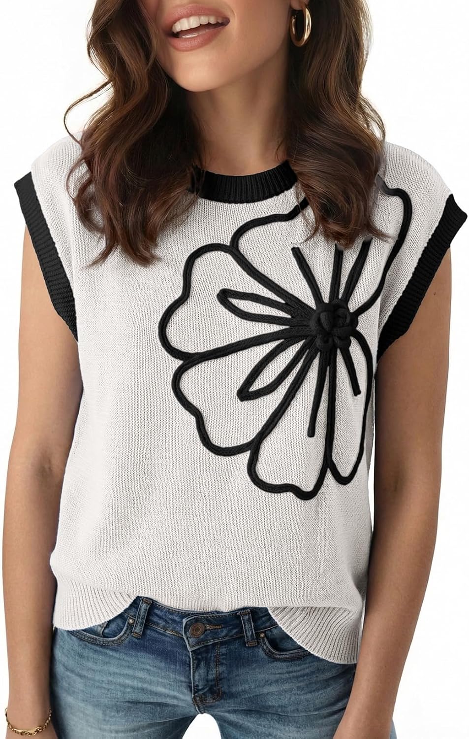 Women's Floral Applique Cap Sleeve Knit Top Women's Floral Applique Cap Sleeve Knit Top