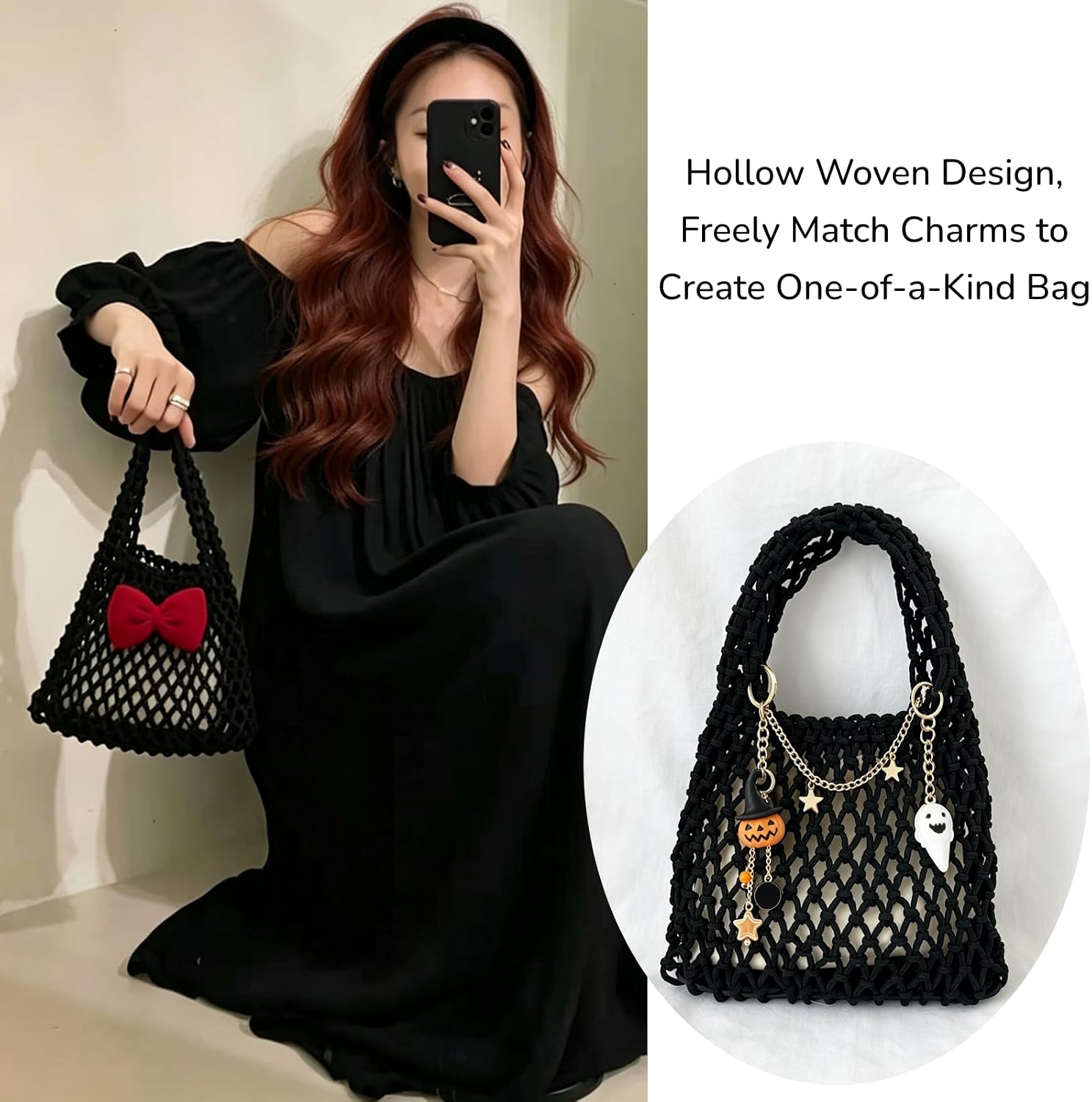 Women's Cotton Rope Mesh Tote Bag Black Women's Cotton Rope Mesh Tote Bag Black