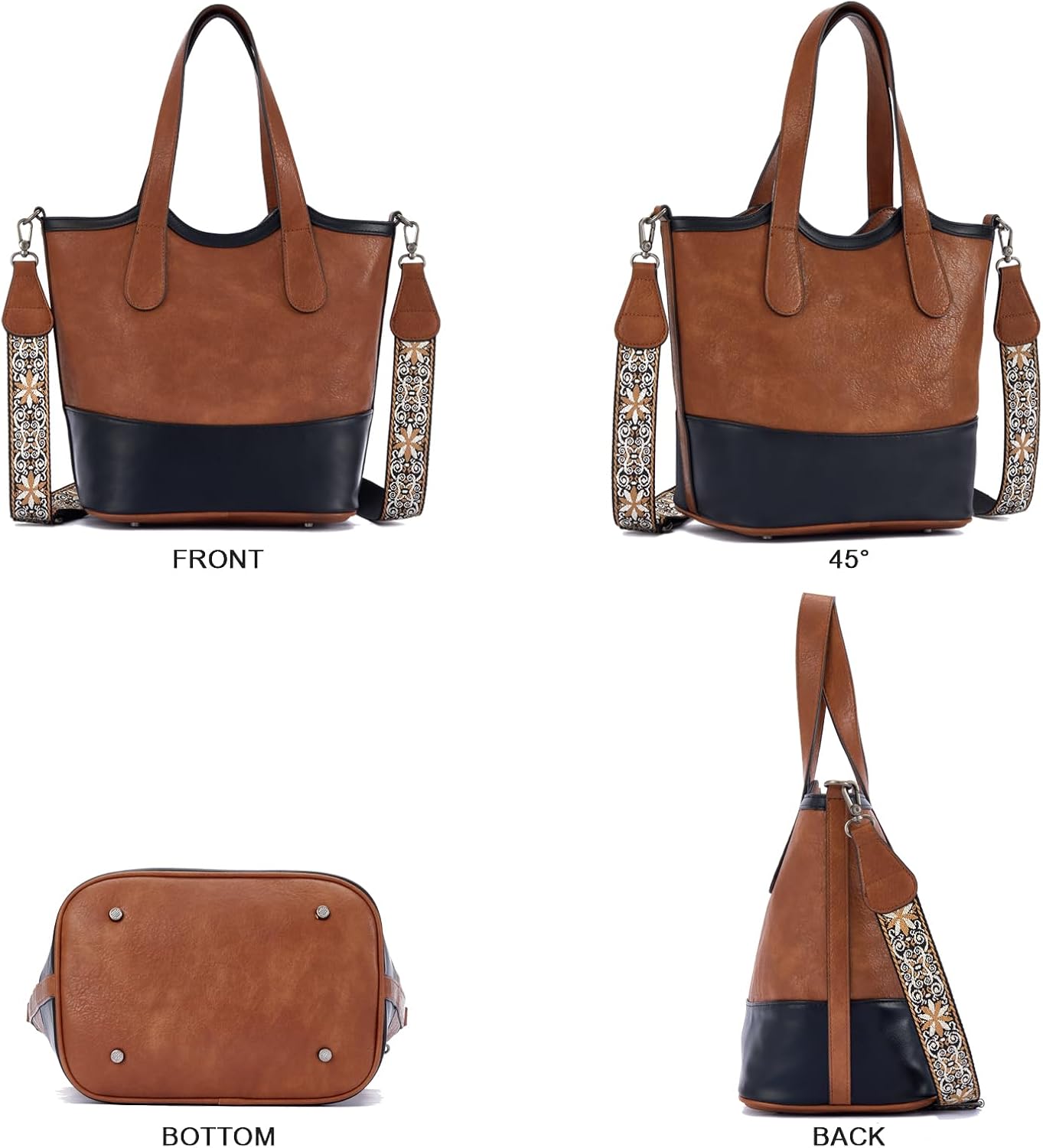 Women's Two-Tone Vegan Leather Shoulder Tote Bag, Brown Women's Two-Tone Vegan Leather Shoulder Tote Bag, Brown