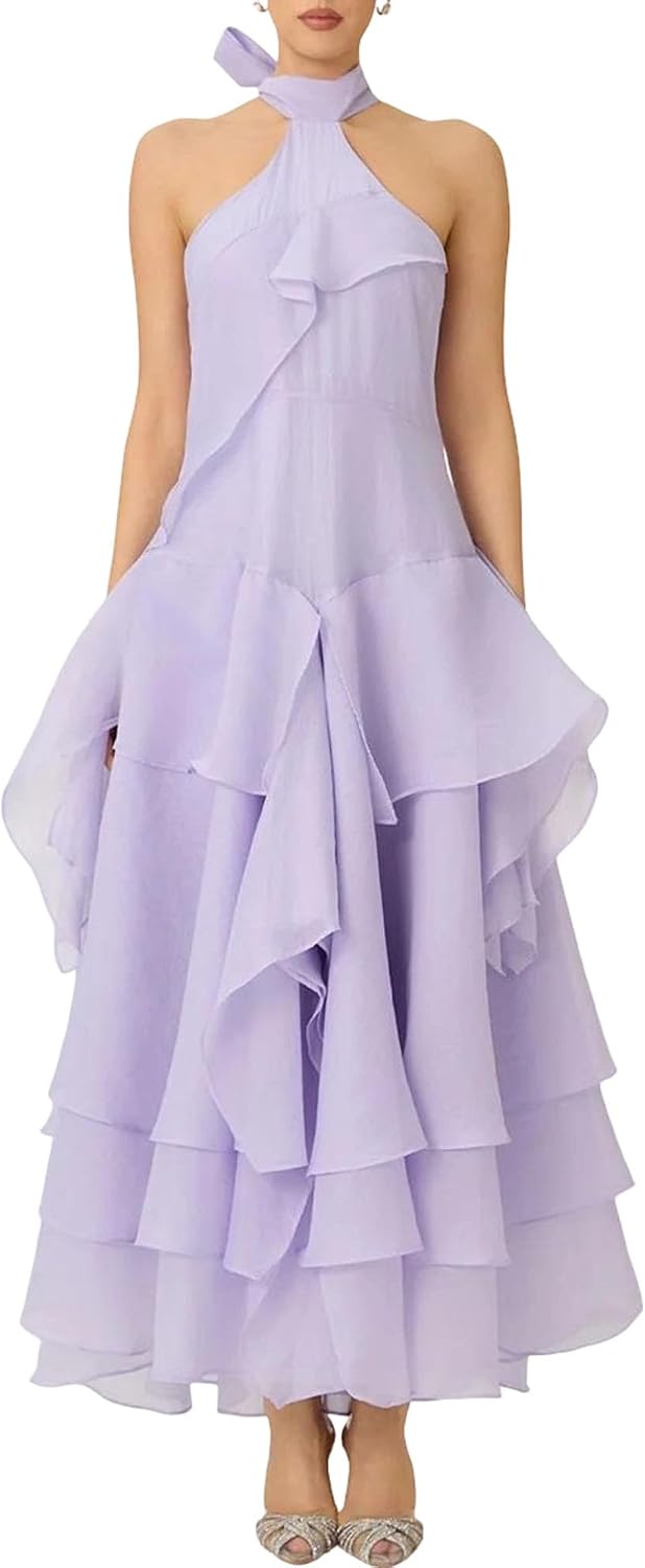 Women's Halter Tiered Maxi Dress Sleeveless Ruffle Lavender