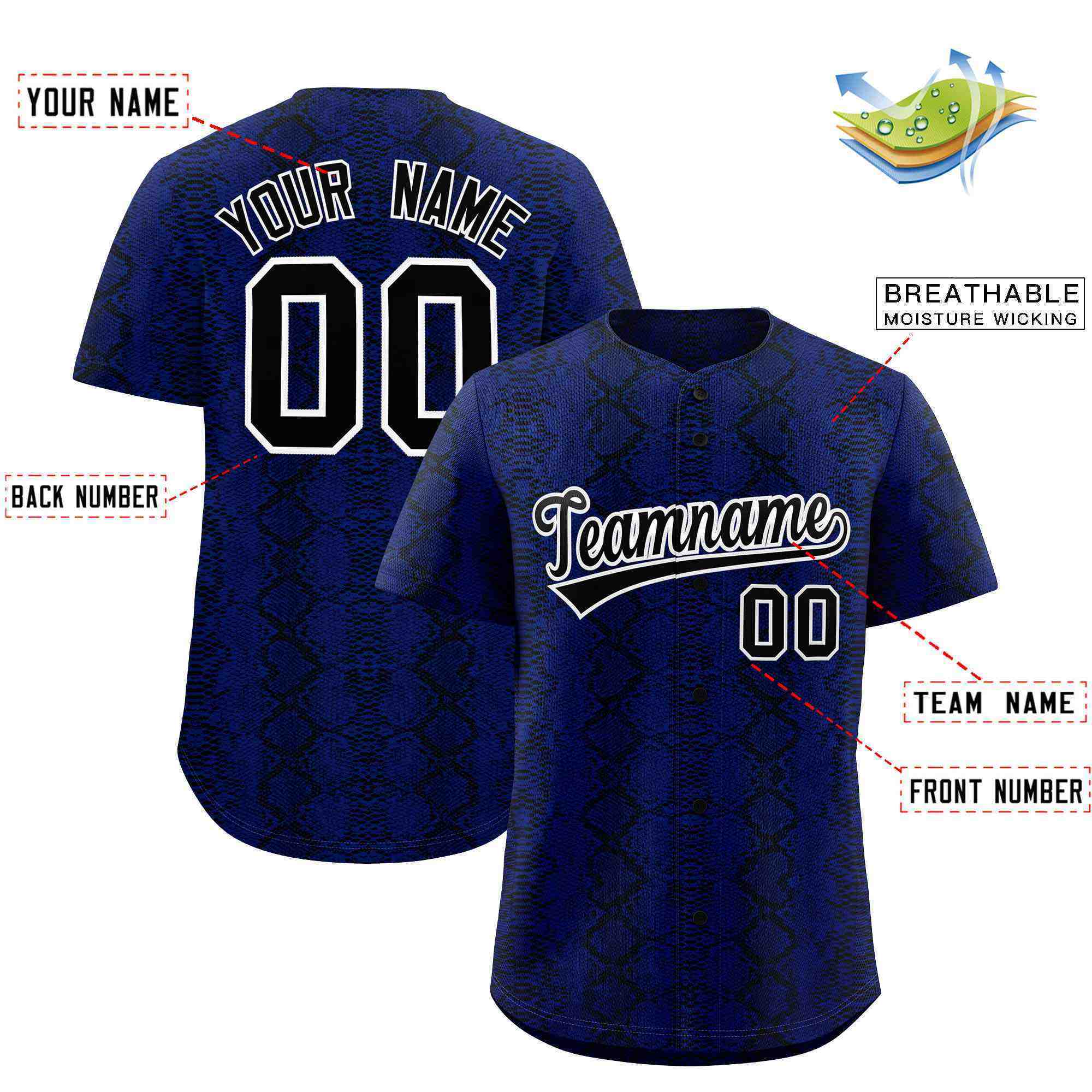 Benutzerdefiniertes authentisches Baseball-Trikot mit mehrfarbigem Schlangenledermuster