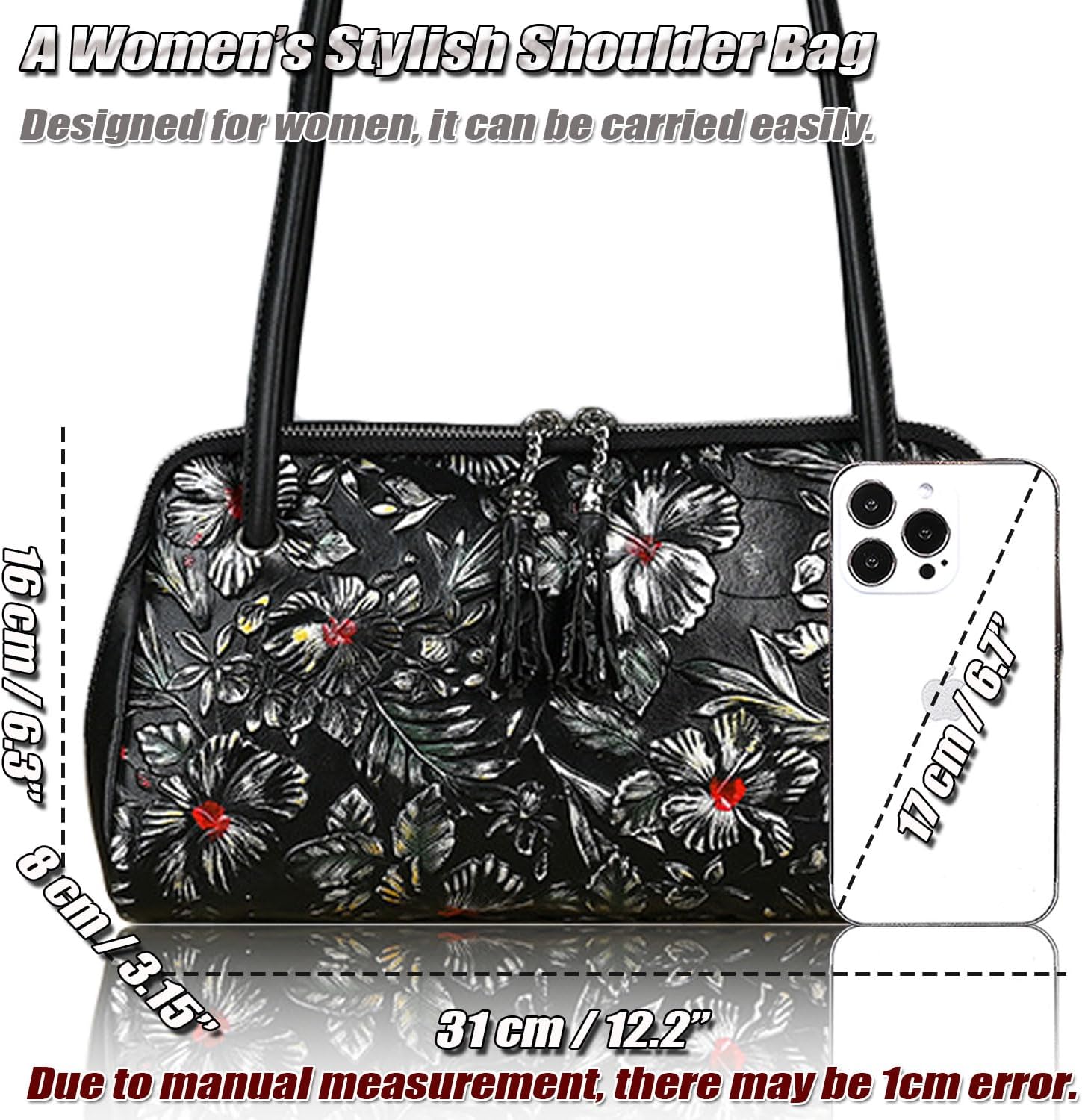 Women's Floral Tooled Cowhide Shoulder Handbag Black