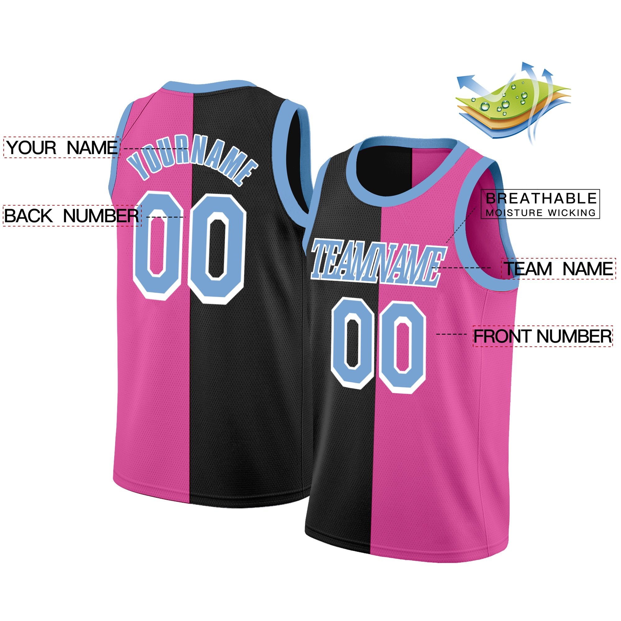 Benutzerdefiniertes rosa-schwarz-blaues Split-Fashion-Tops-Basketballtrikot Benutzerdefiniertes rosa-schwarz-blaues Split-Fashion-Tops-Basketballtrikot