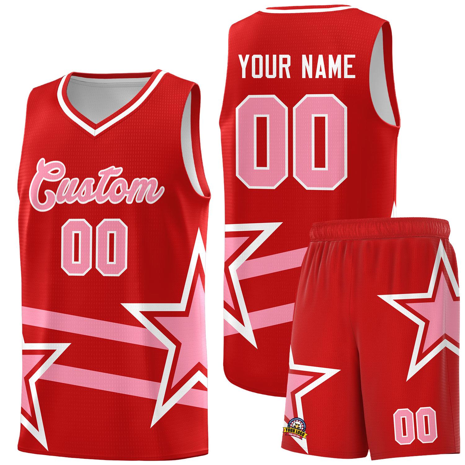 Kundenspezifische rote Basketball-Kits mit hellrosa Sternmuster und doppelten Linien