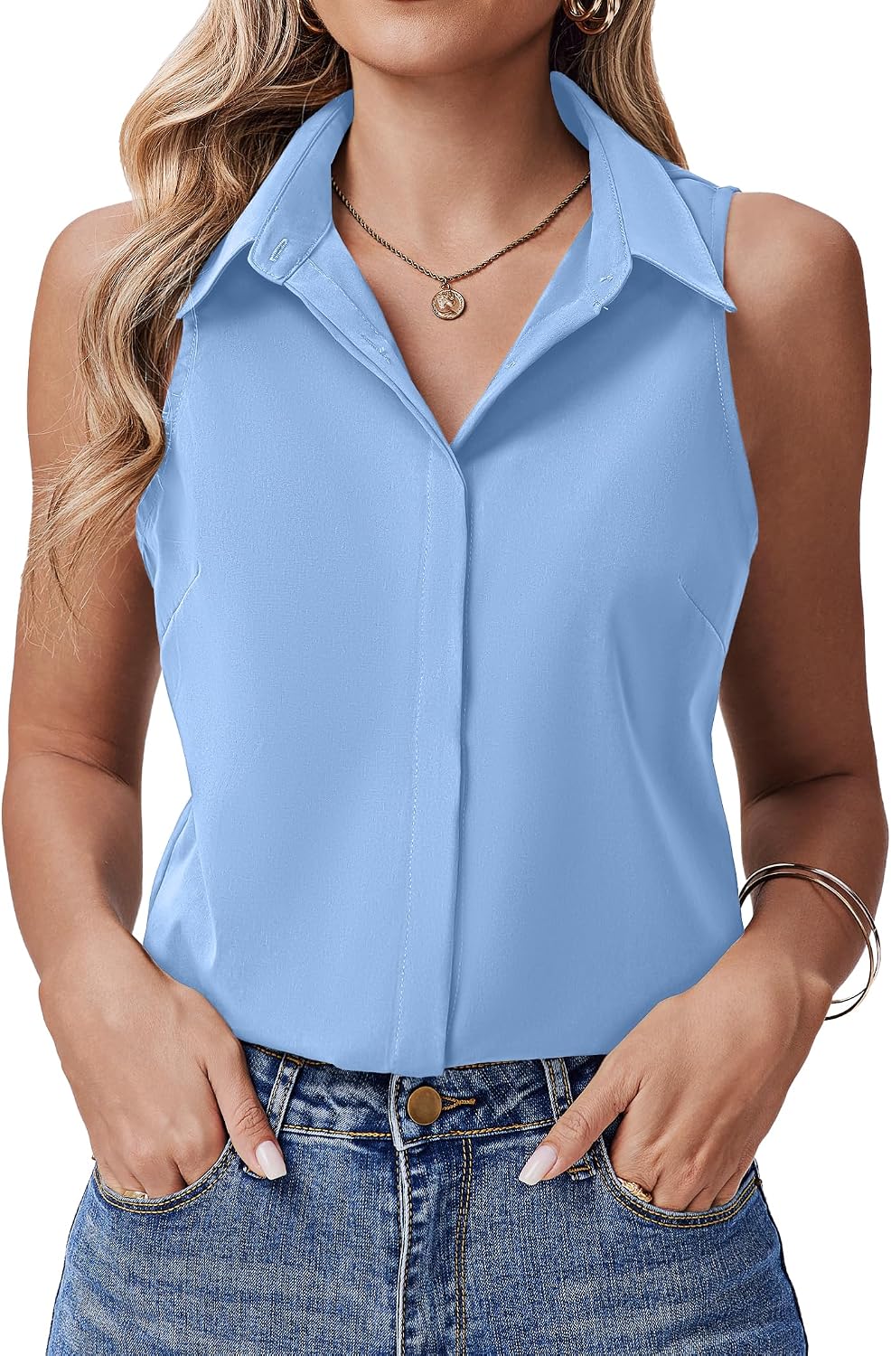 Women's Sleeveless Collared Blouse Hidden Button Light Blue