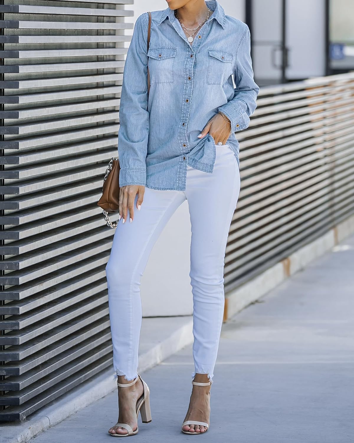 Women's Light Wash Denim Shirt Long Sleeve Collared Women's Light Wash Denim Shirt Long Sleeve Collared