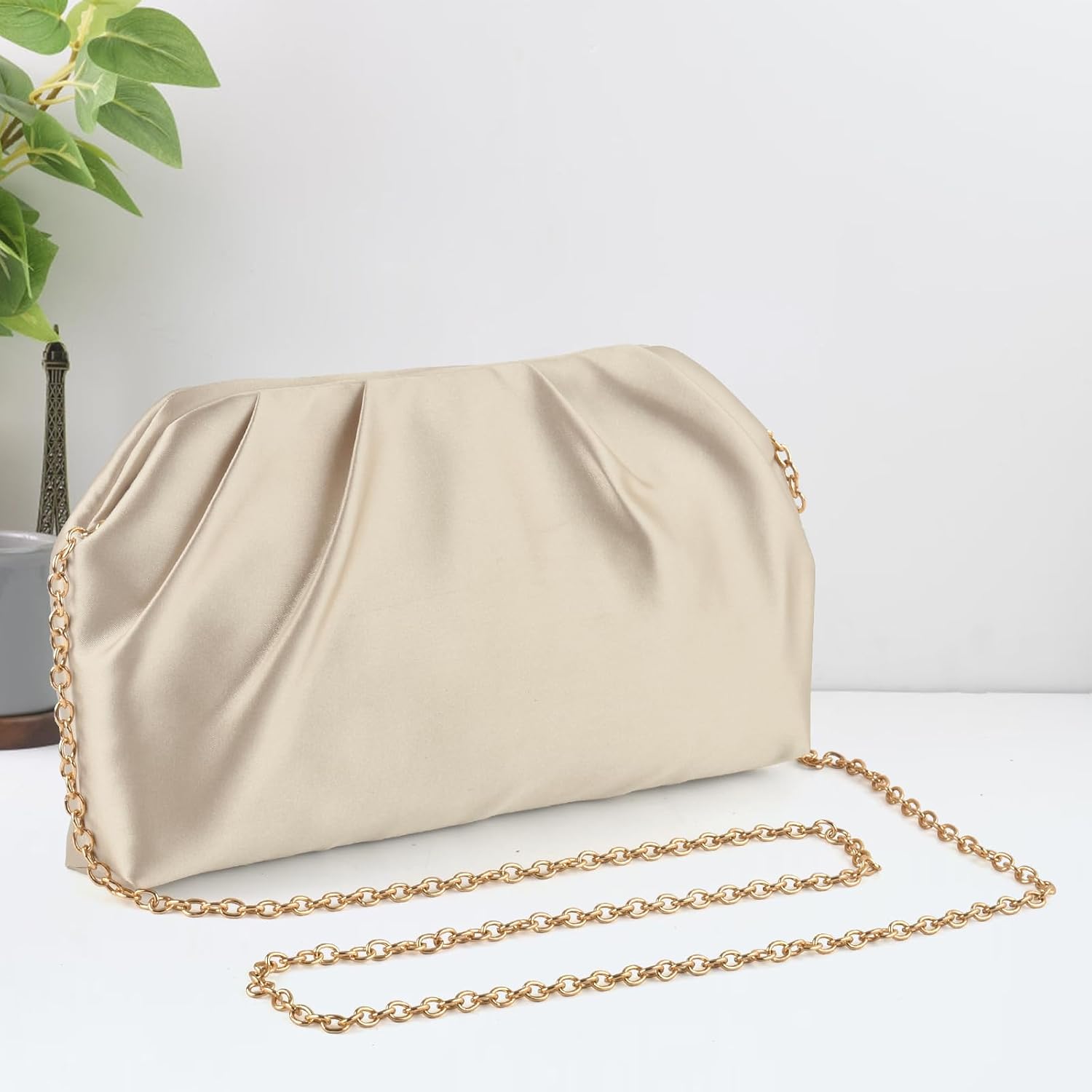 Women's Satin Pleated Clutch Purse with Gold Ring Handle Women's Satin Pleated Clutch Purse with Gold Ring Handle