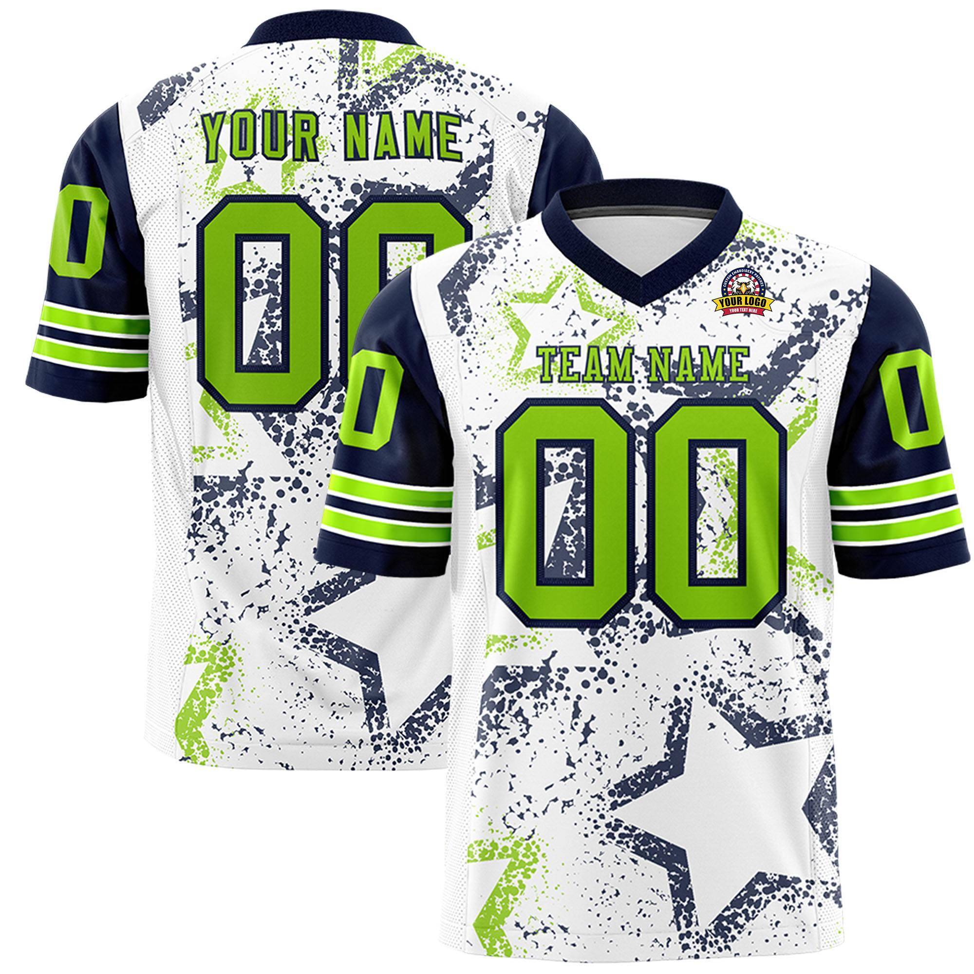 Benutzerdefiniertes, personalisiertes Sternmuster-Design in Weiß, Marineblau und Neongrün, authentisches Fußballtrikot