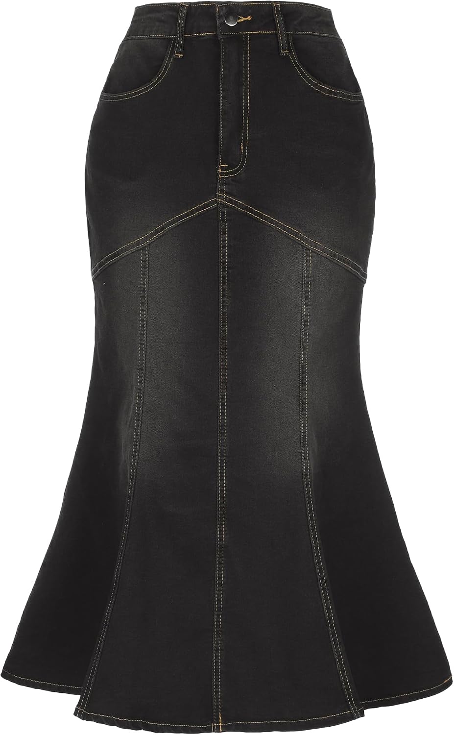 Women's Denim Fishtail Midi Skirt High Waist Black