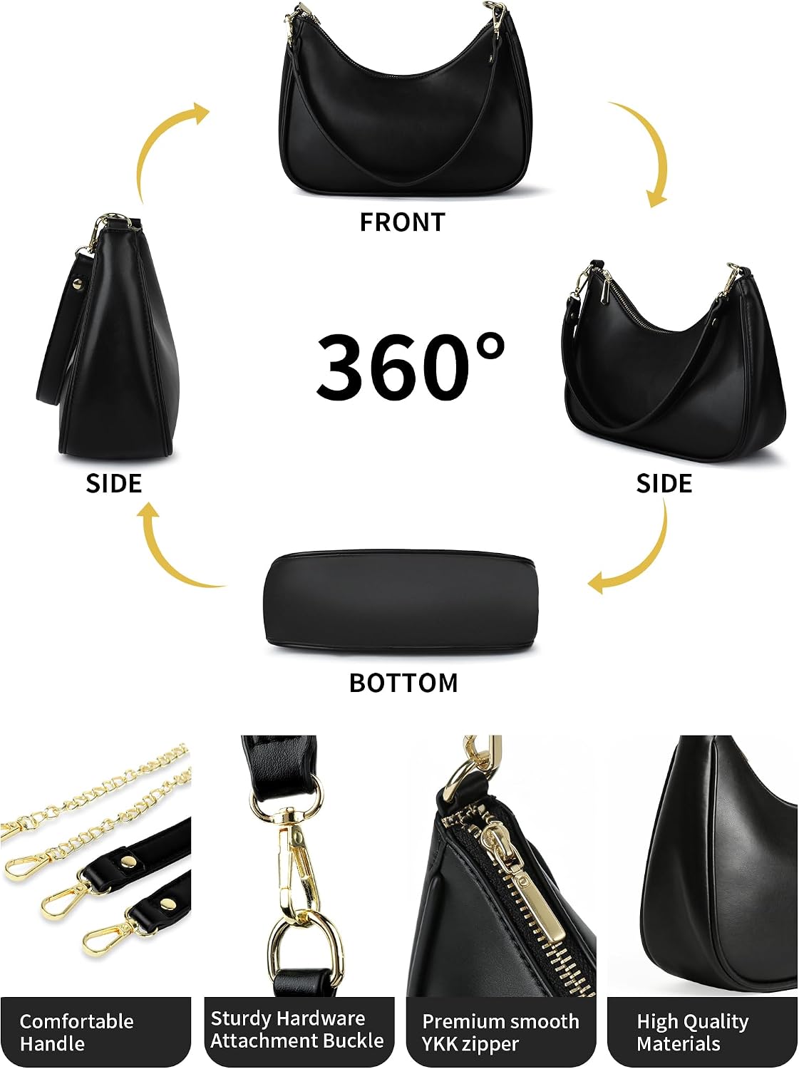 Women's Crescent Vegan Leather Hobo Handbag, Black Women's Crescent Vegan Leather Hobo Handbag, Black