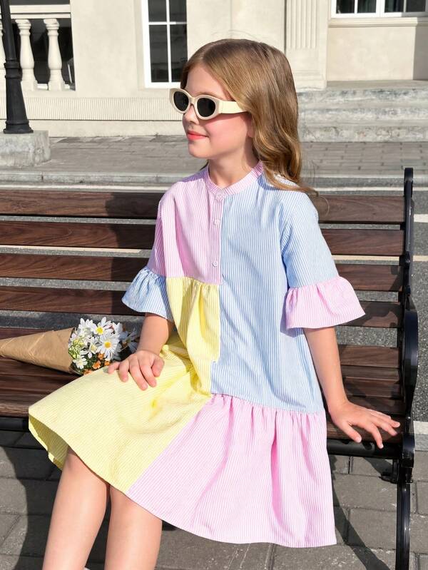 Lässiges, gewebtes Patchwork-Hemdkleid für Teenager-Mädchen im Urlaub Lässiges, gewebtes Patchwork-Hemdkleid für Teenager-Mädchen im Urlaub