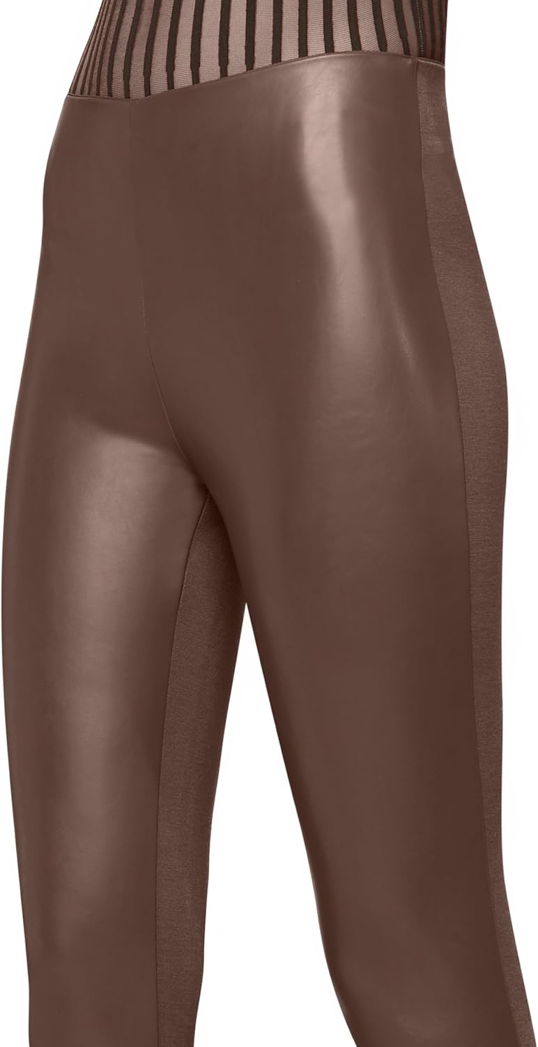 Women's Faux Leather Front Leggings with Mesh Panels (Brown)