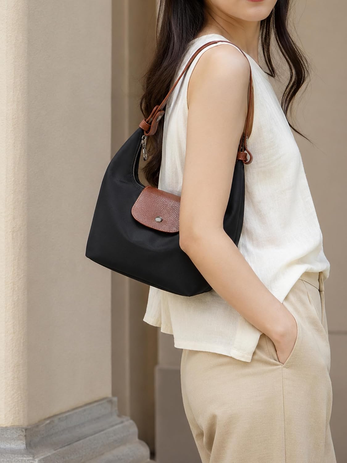 Women's Nylon Hobo Crossbody Bag with Leather Flap Women's Nylon Hobo Crossbody Bag with Leather Flap