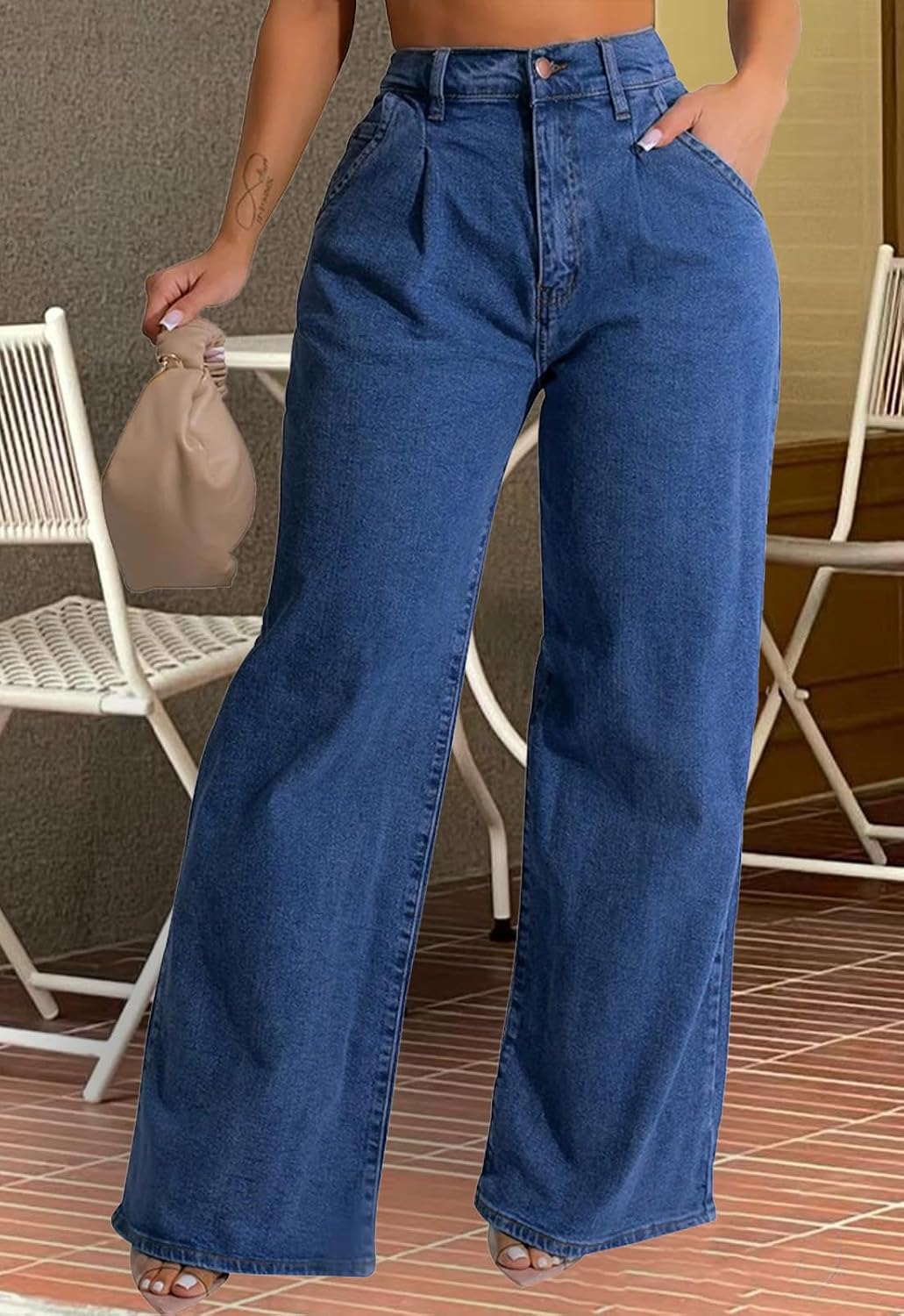 Women's High Rise Baggy Wide Leg Jeans Mid Wash